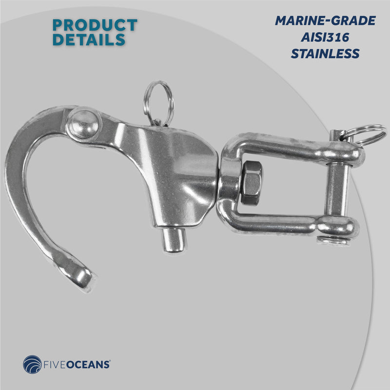 5" Pin Release Snap Shackle with Swivel Jaw, AISI316 Stainless Steel, 2-Pack - FO448-M2 - Five Oceans