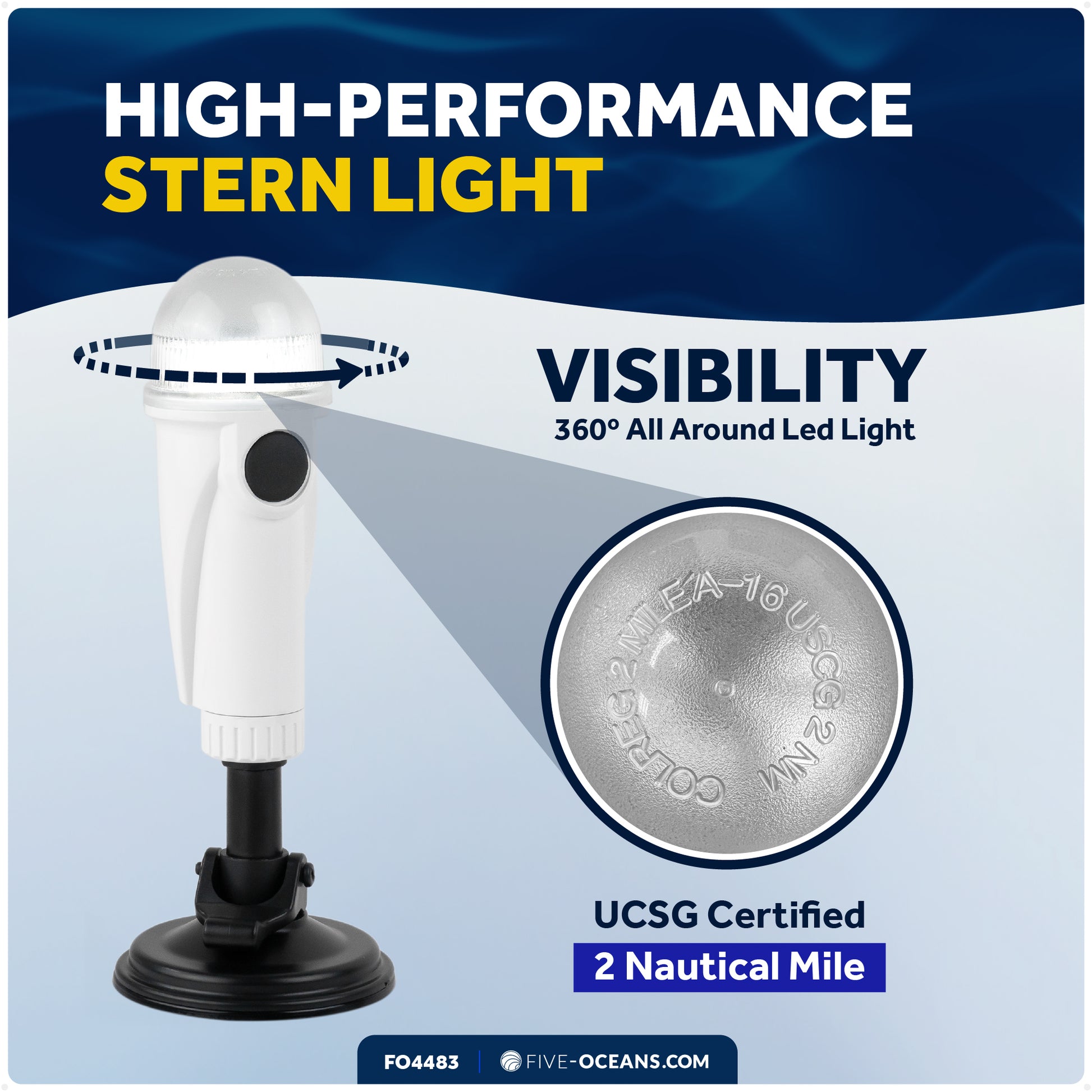 8" LED Anchor Navigation Light with Suction Cup, Battery-Powered - 2NM - FO4483 - Five Oceans