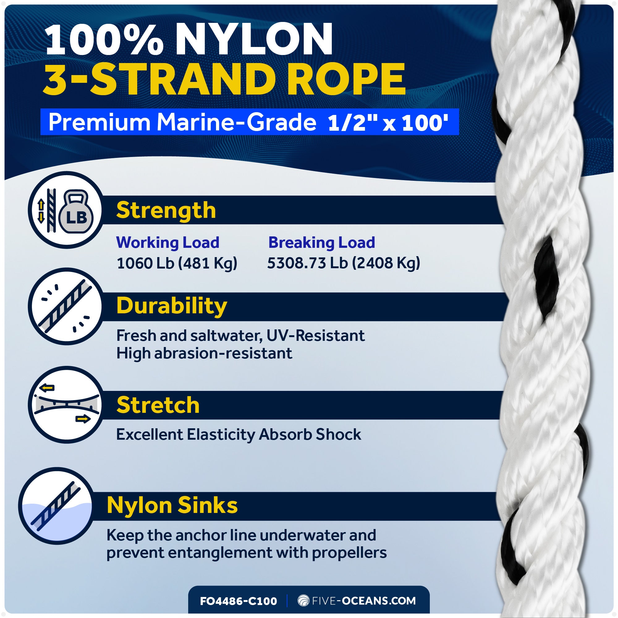 Anchor Line 1/2" x 100', 3-Strand Nylon, Spliced - FO4486-C100 - Five Oceans