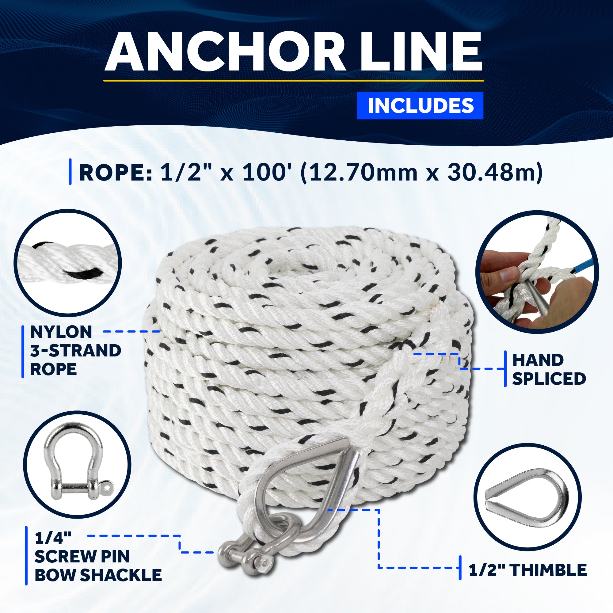 Anchor Line 1/2" x 100', 3-Strand Nylon, Spliced - FO4486-C100