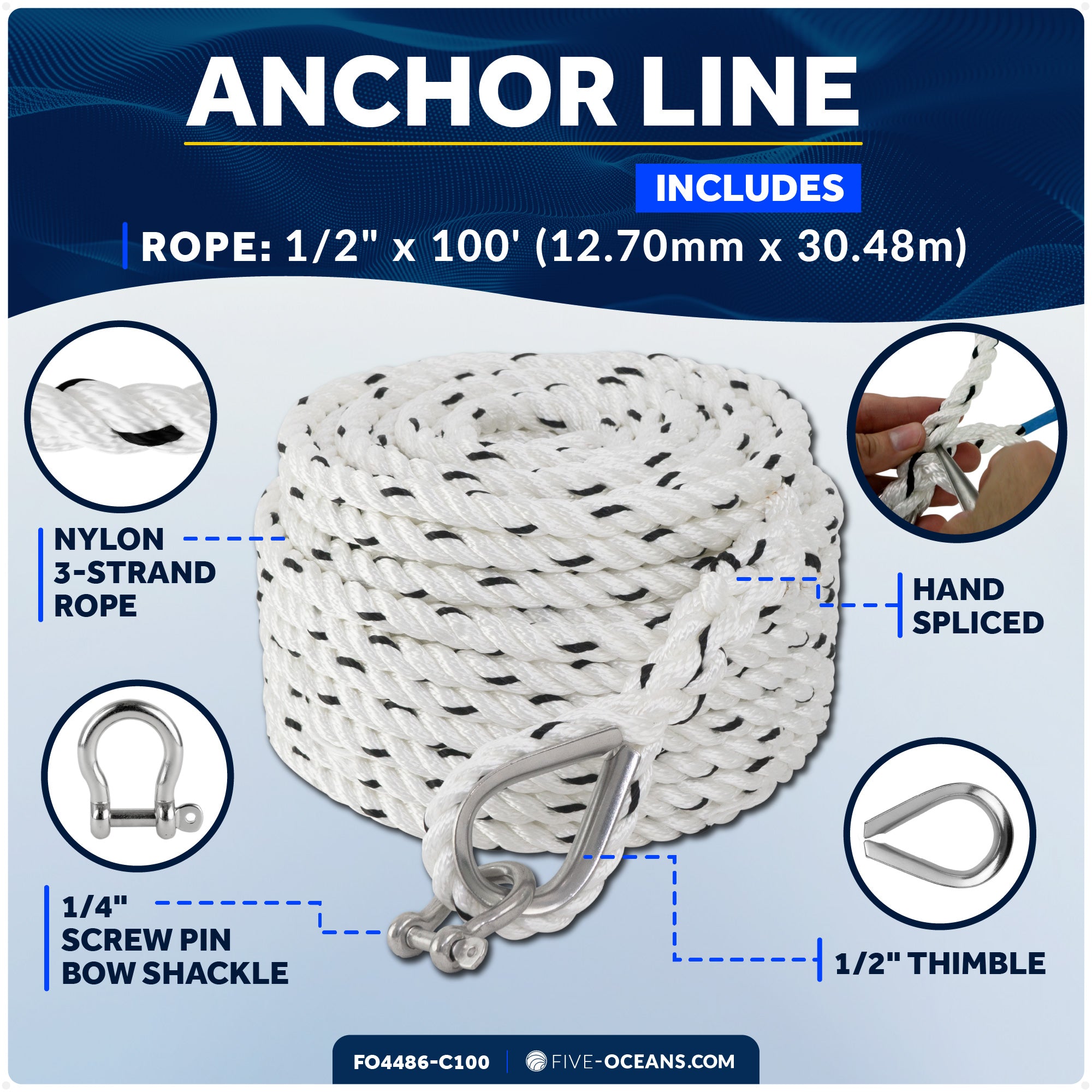 Anchor Line 1/2" x 100', 3-Strand Nylon, Spliced - FO4486-C100 - Five Oceans