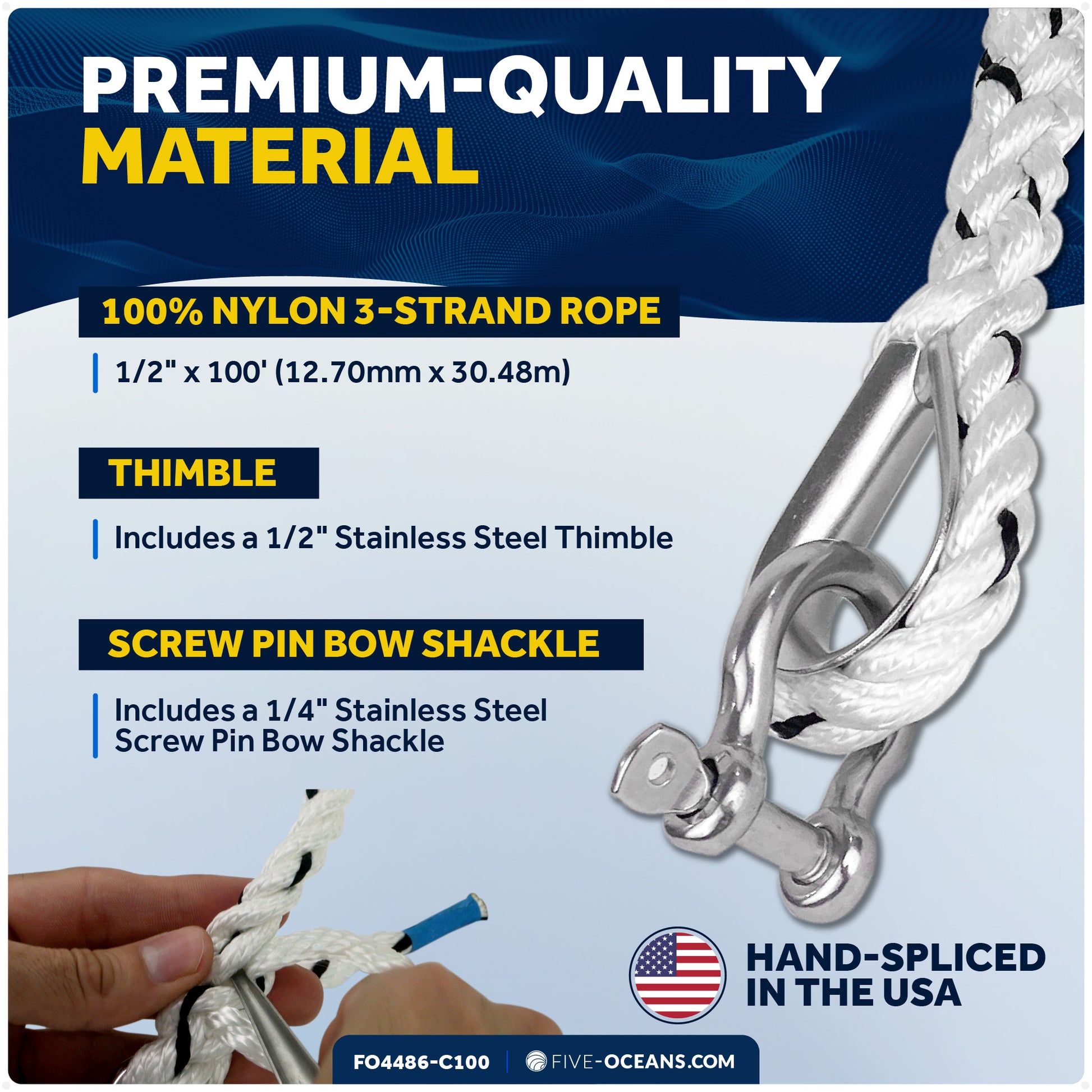 Anchor Line 1/2" x 100', 3-Strand Nylon, Spliced - FO4486-C100 - Five Oceans