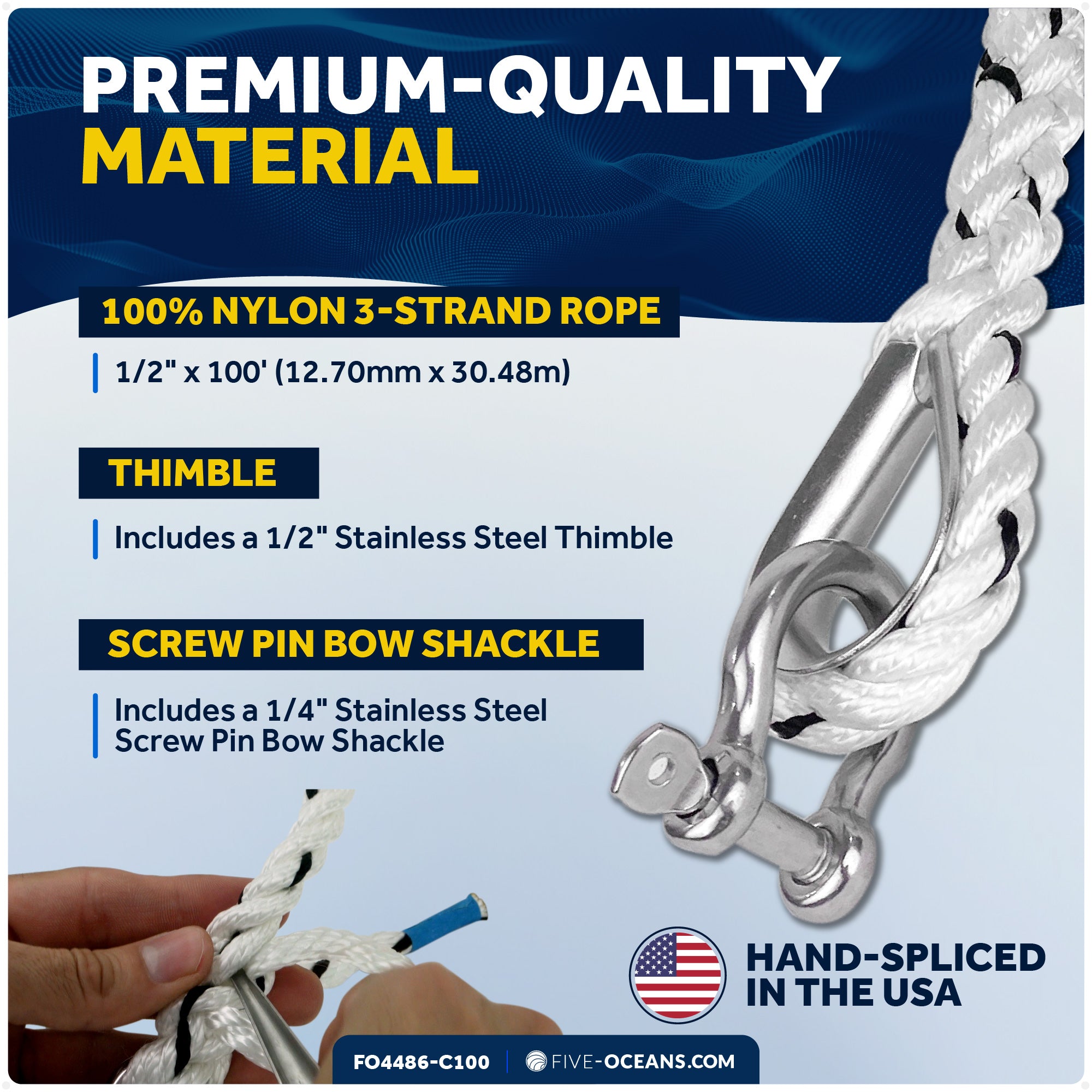 Anchor Line 1/2" x 100', 3-Strand Nylon, Spliced - FO4486-C100 - Five Oceans