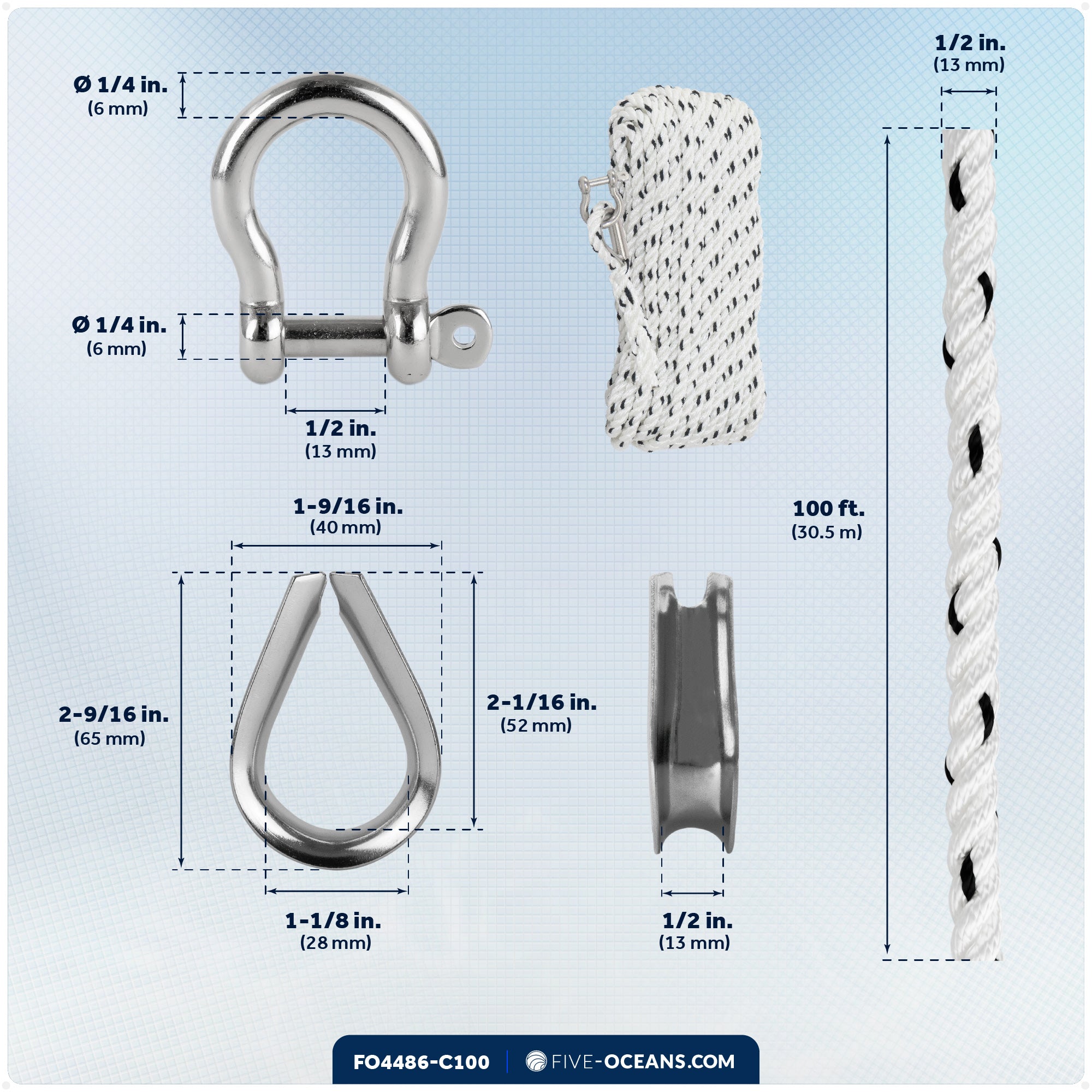 Anchor Line 1/2" x 100', 3-Strand Nylon, Spliced - FO4486-C100 - Five Oceans