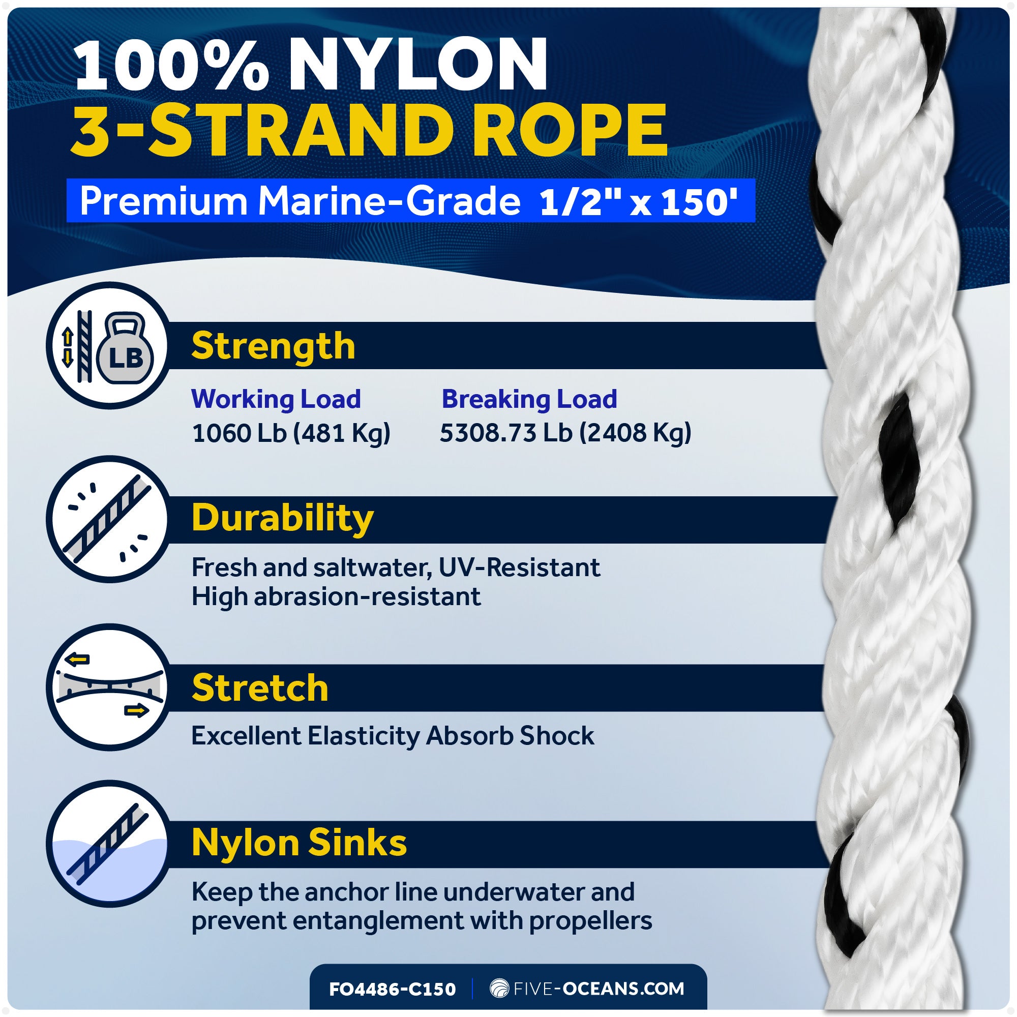 Anchor Line 1/2" x 150', 3-Strand Nylon, Spliced - FO4486-C150