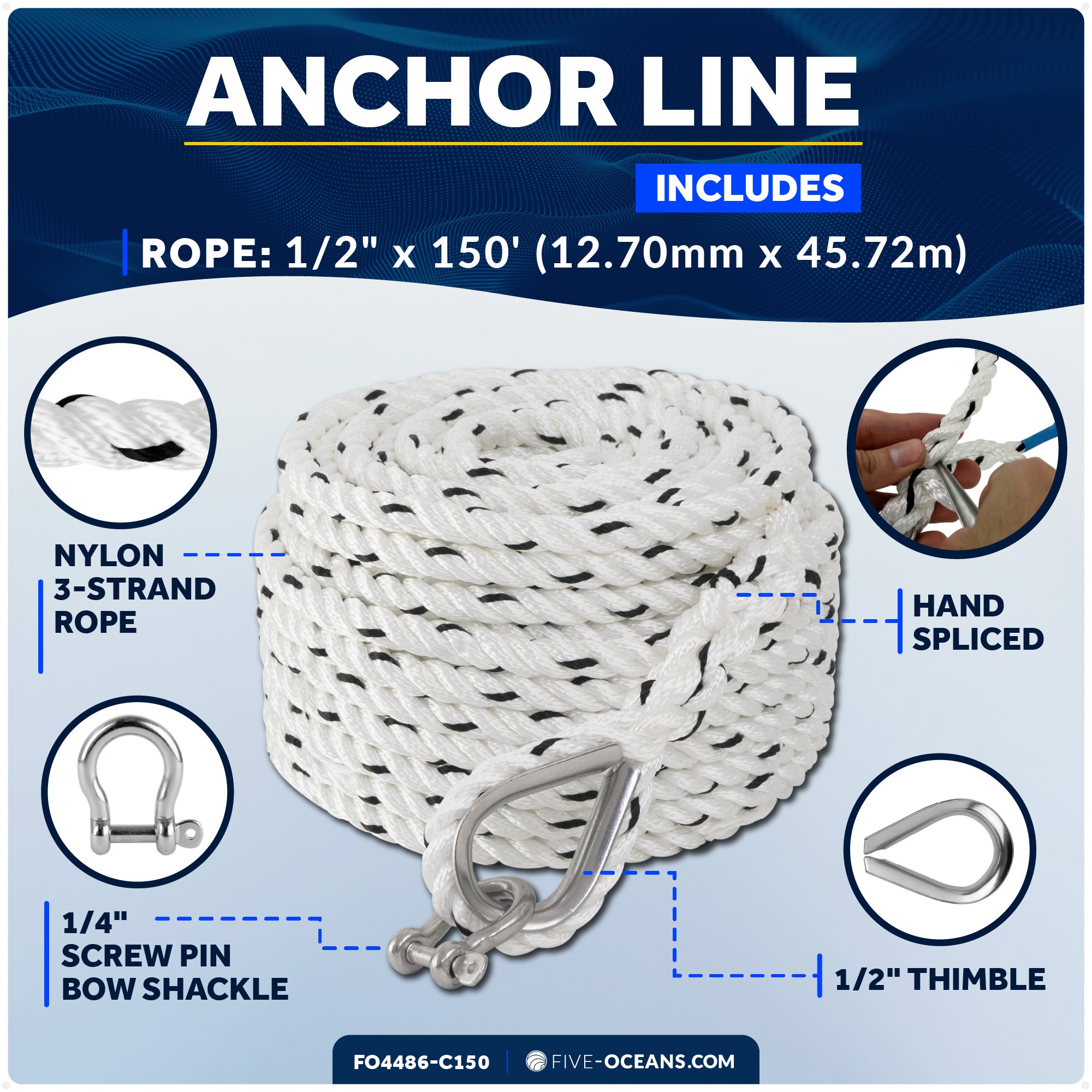 Anchor Line 1/2" x 150', 3-Strand Nylon, Spliced - FO4486-C150