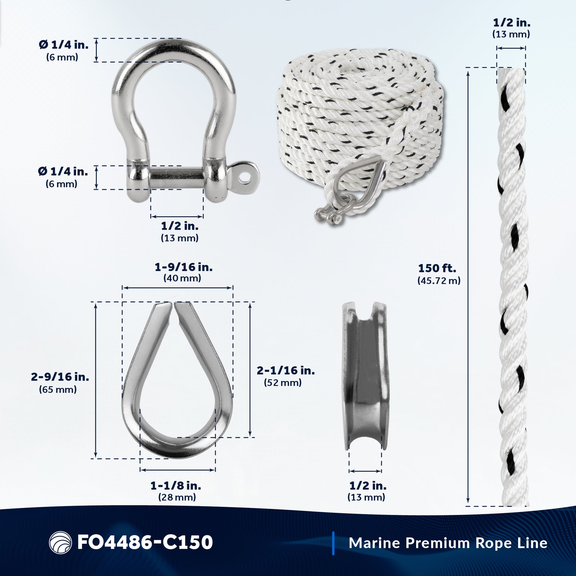 Anchor Line 1/2" x 150', 3-Strand Nylon, Spliced - FO4486-C150 - Five Oceans