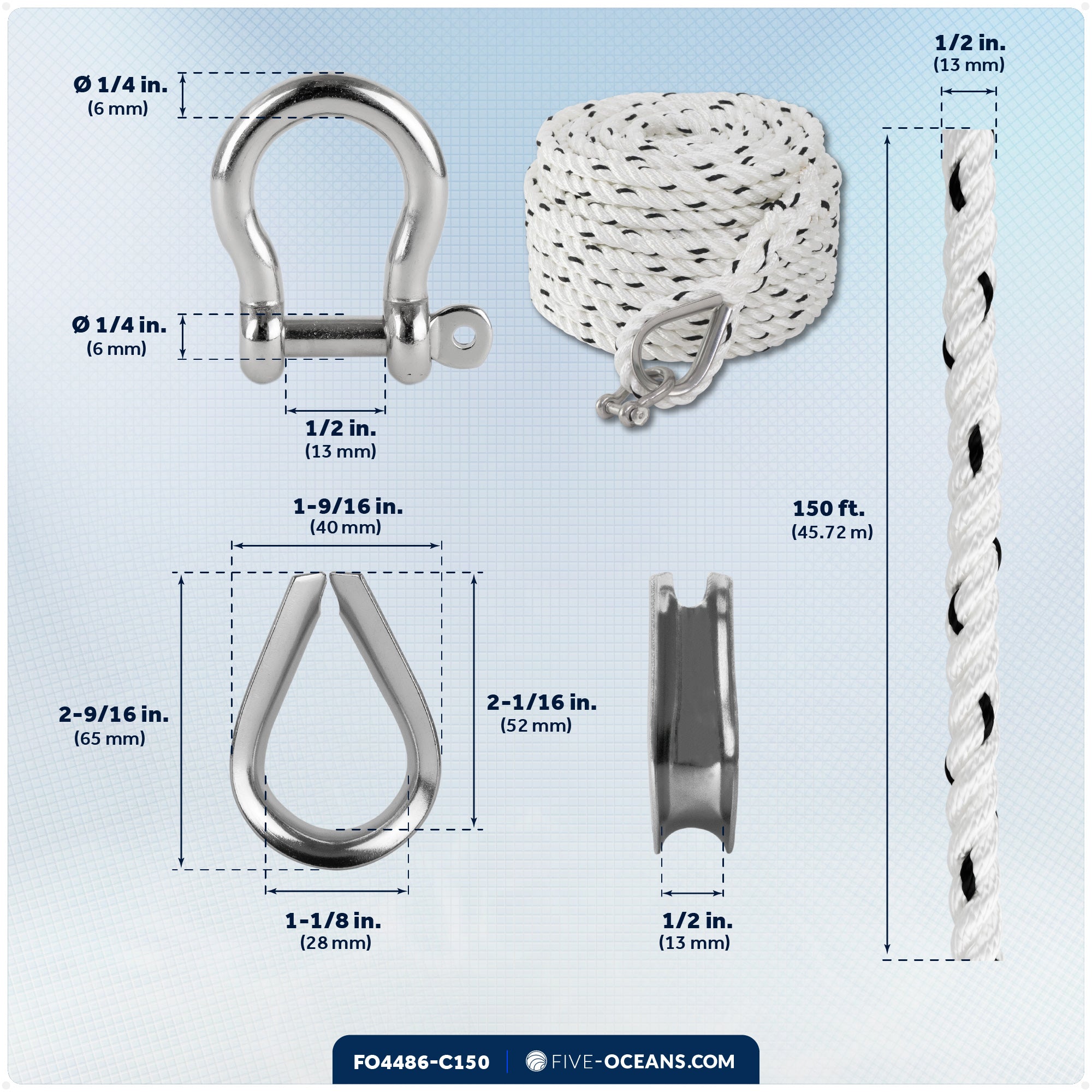 Anchor Line 1/2" x 150', 3-Strand Nylon, Spliced - FO4486-C150 - Five Oceans