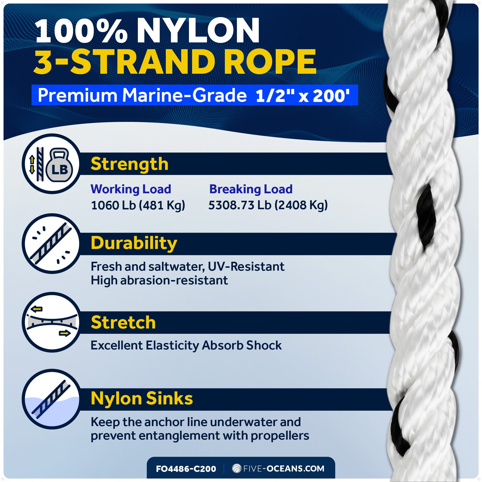 Anchor Line 1/2" x 200', 3-Strand Nylon, Spliced - FO4486-C200