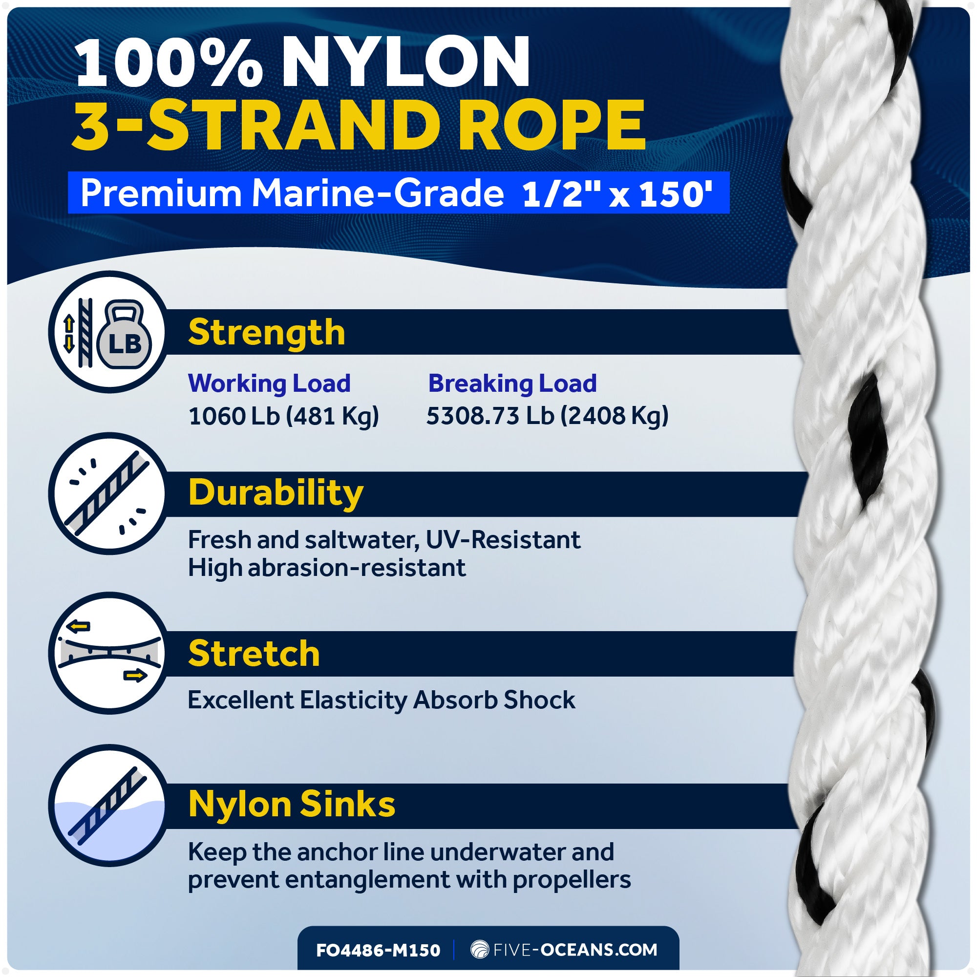 Boat Anchor Rope 1/2" x 150', 3-Strand Nylon - FO4486-M150 - Five Oceans