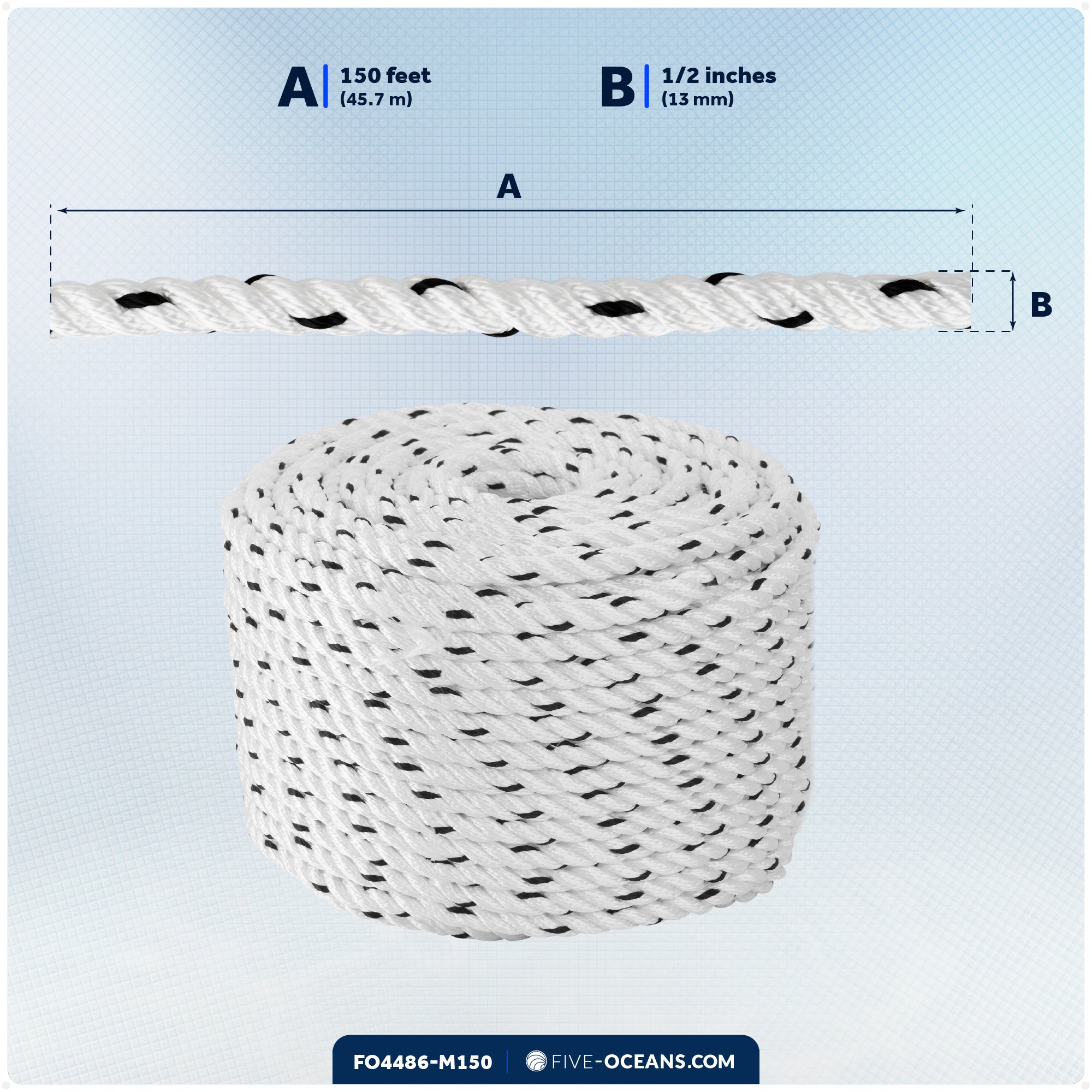 1/2" x 150' Premium 3-Strand Nylon Rope Line, White with Black Tracer - FO4486-M150 - Five Oceans
