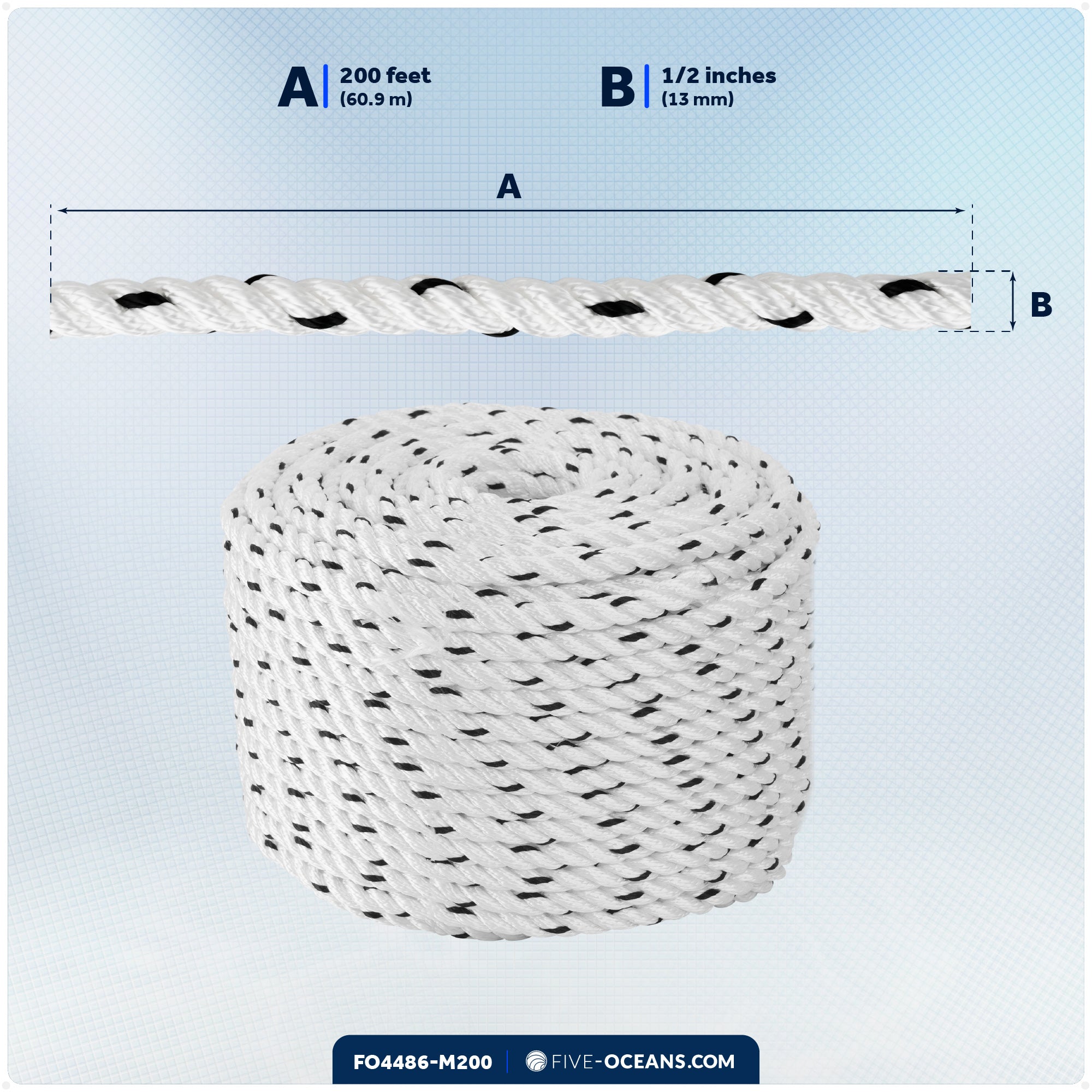 1/2" x 200' Premium 3-Strand Nylon Rope Line, White with Black Tracer - FO4486-M200 - Five Oceans