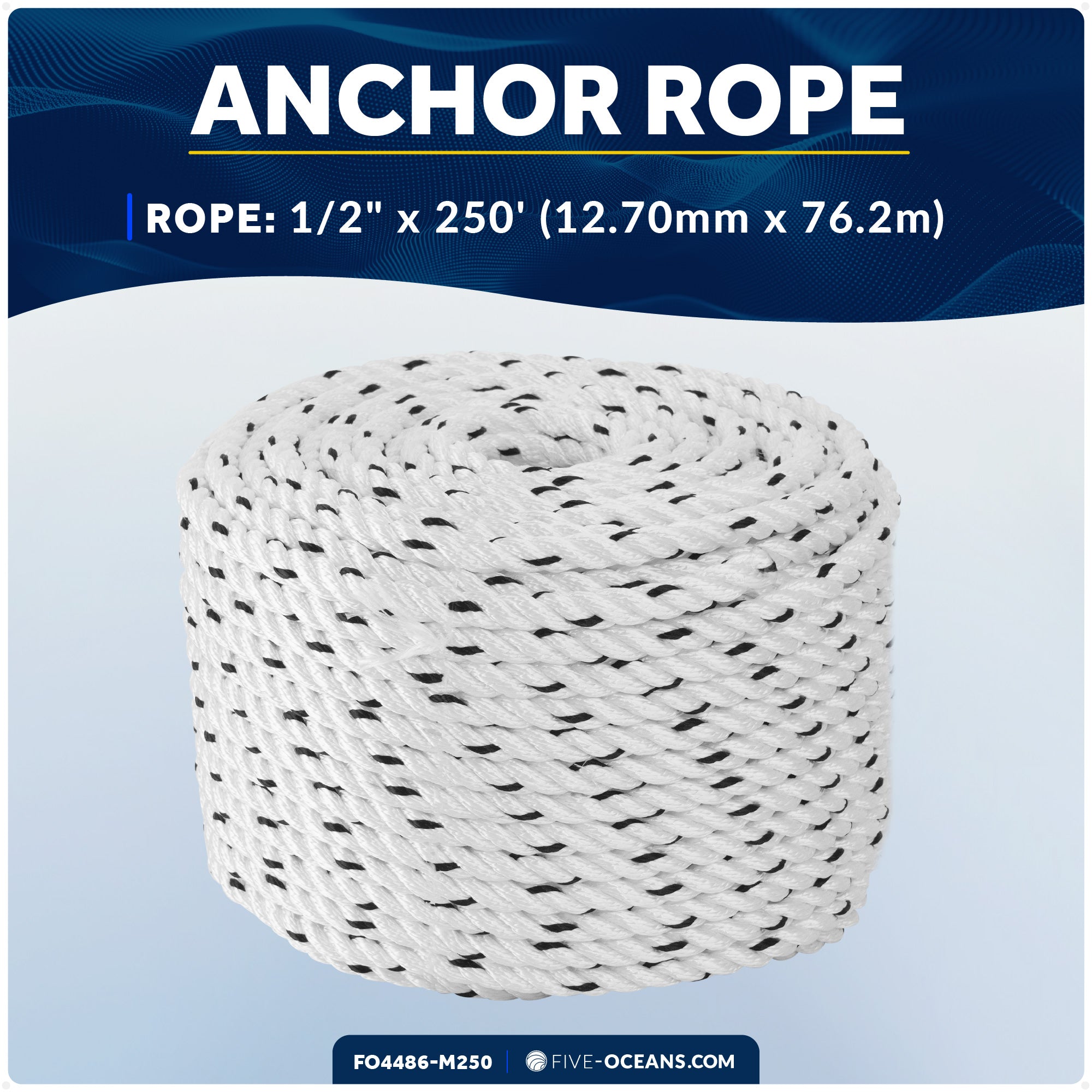 1/2" x 250' Premium 3-Strand Nylon Rope Line, White with Black Tracer - FO4486-M250 - Five Oceans
