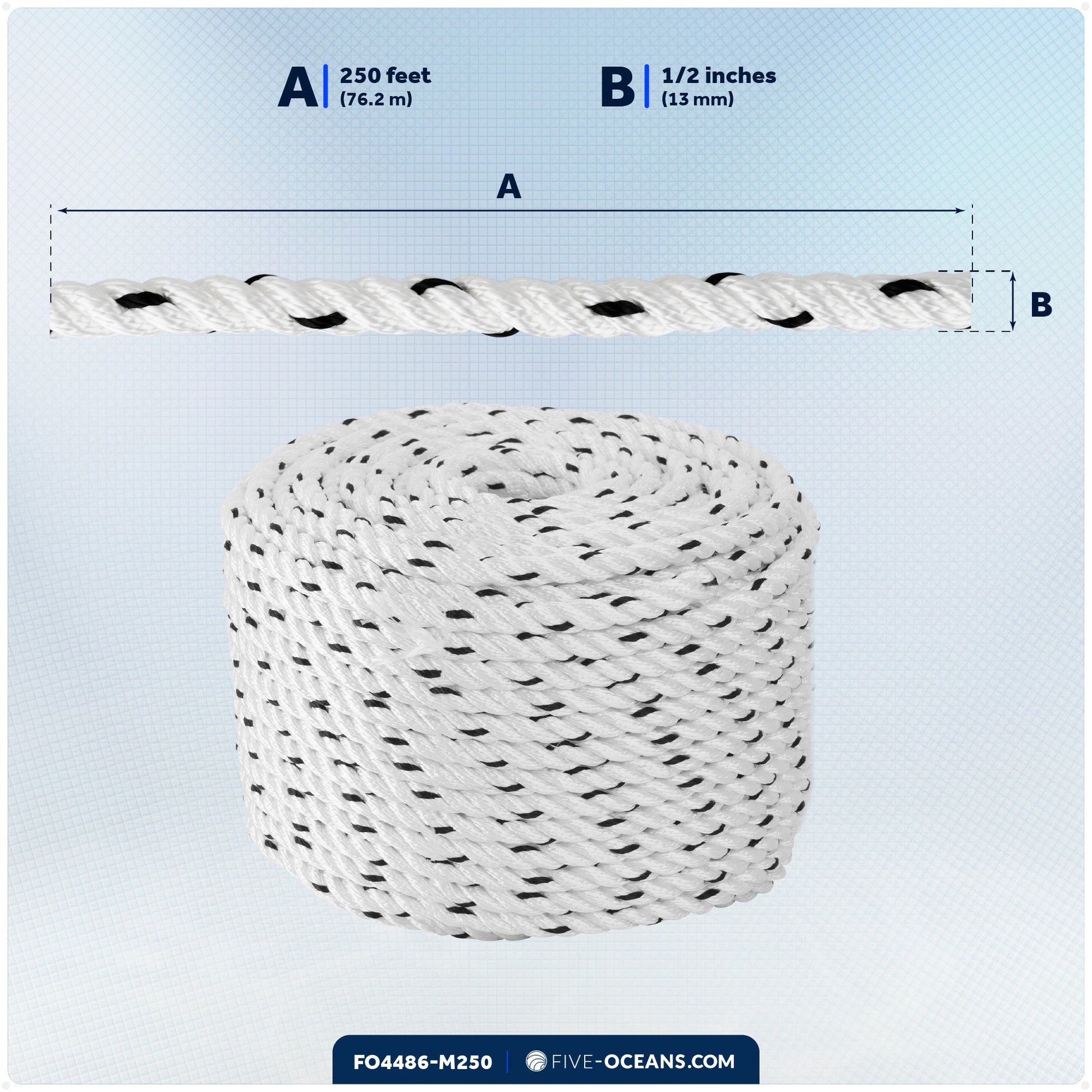 1/2" x 250' Premium 3-Strand Nylon Rope Line, White with Black Tracer - FO4486-M250 - Five Oceans