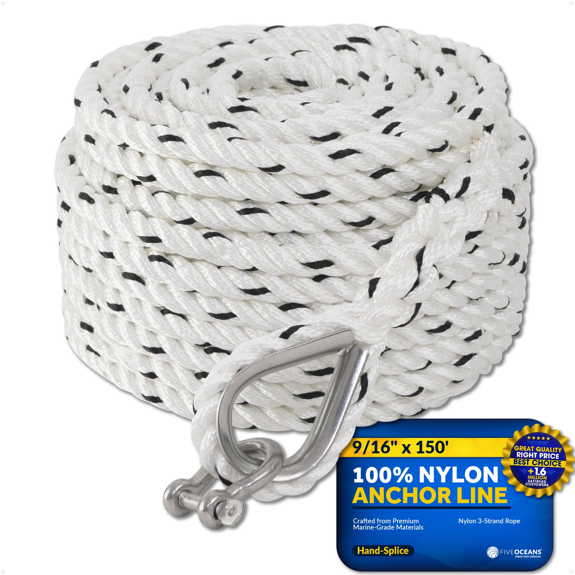 Anchor Line 9/16" x 150', 3-Strand Nylon, Spliced - FO4487-C150 - Five Oceans