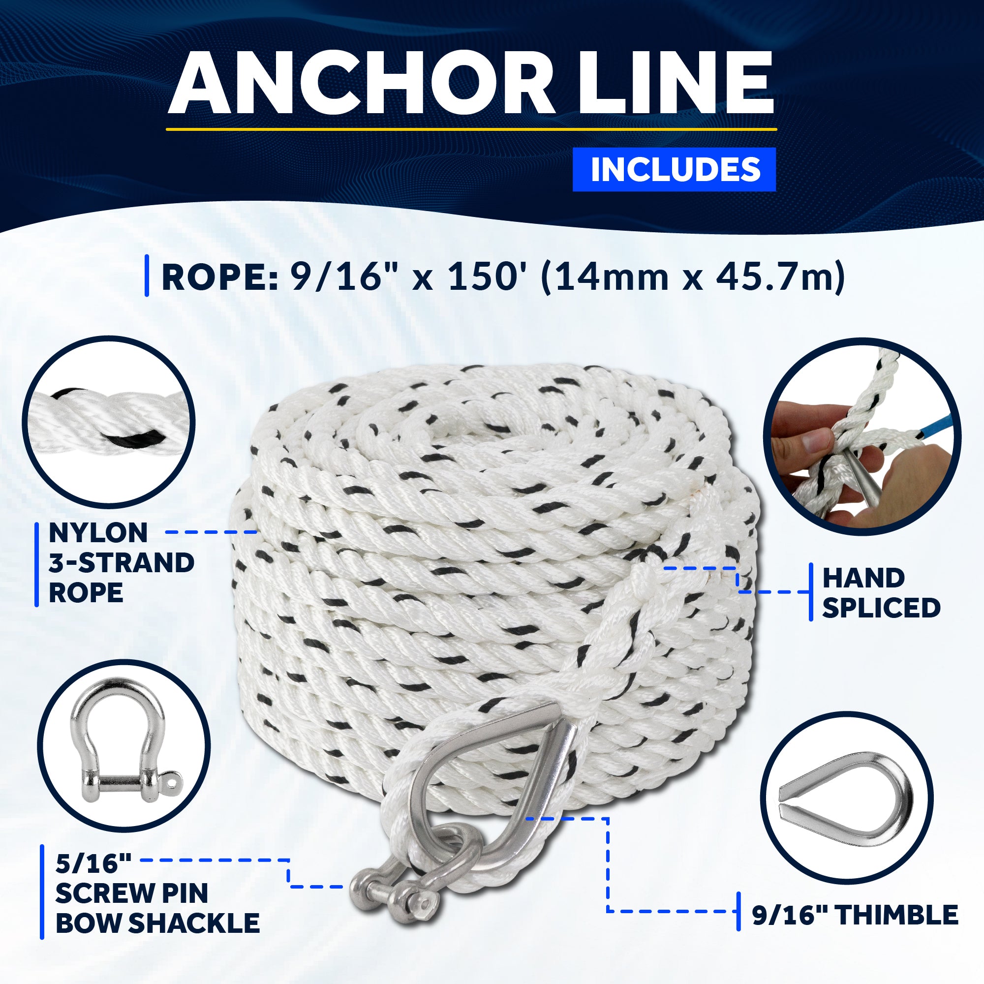 Anchor Line 9/16" x 150', 3-Strand Nylon, Spliced - FO4487-C150 - Five Oceans