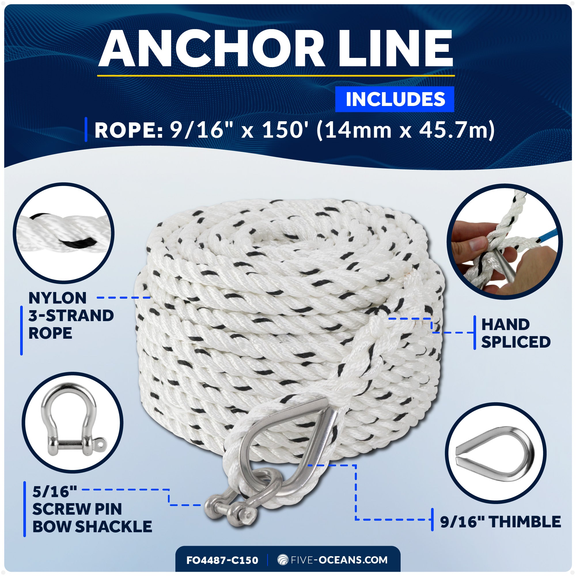 Anchor Line 9/16" x 150', 3-Strand Nylon, Spliced - FO4487-C150 - Five Oceans