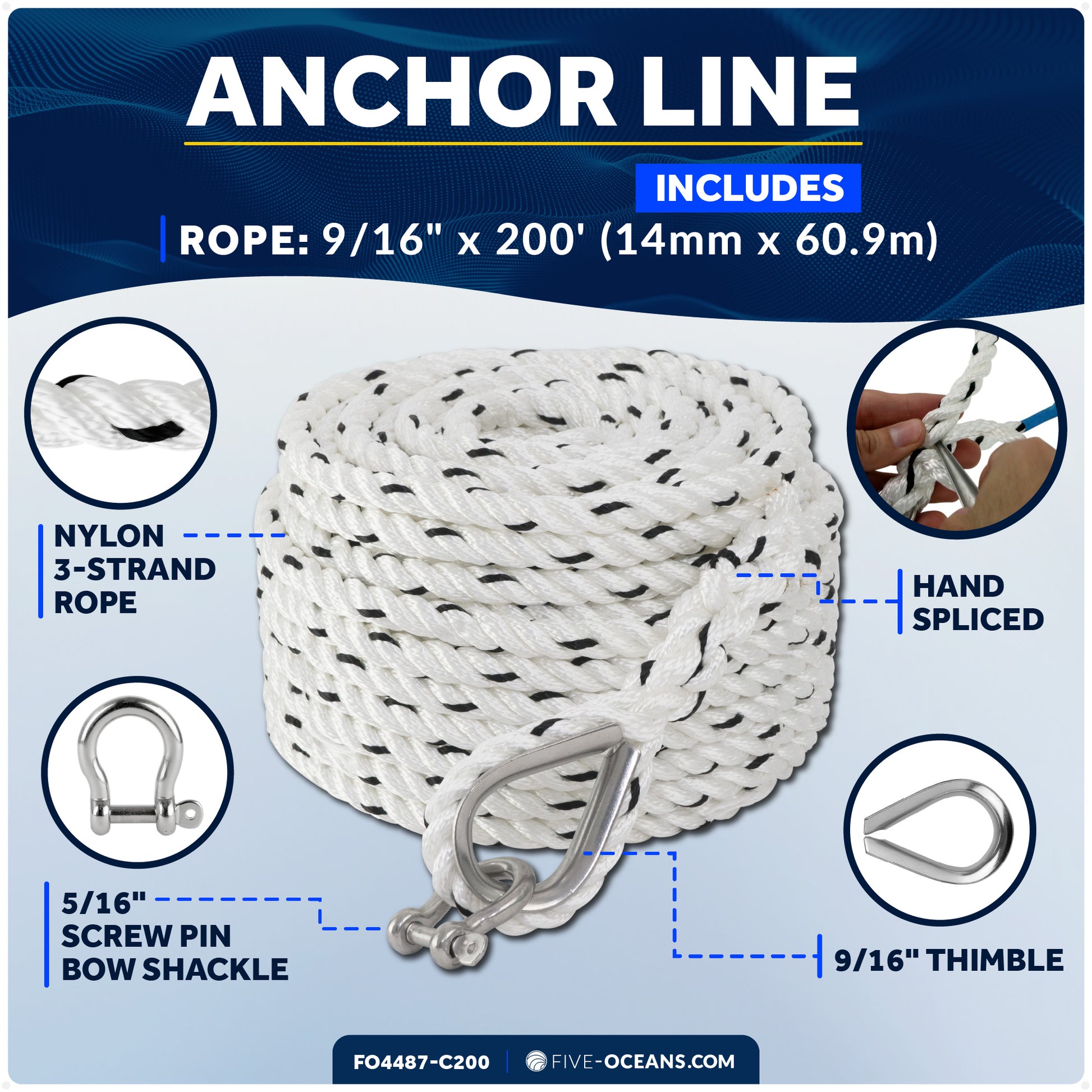 Anchor Line 9/16" x 200', 3-Strand Nylon, Spliced - FO4487-C200 - Five Oceans