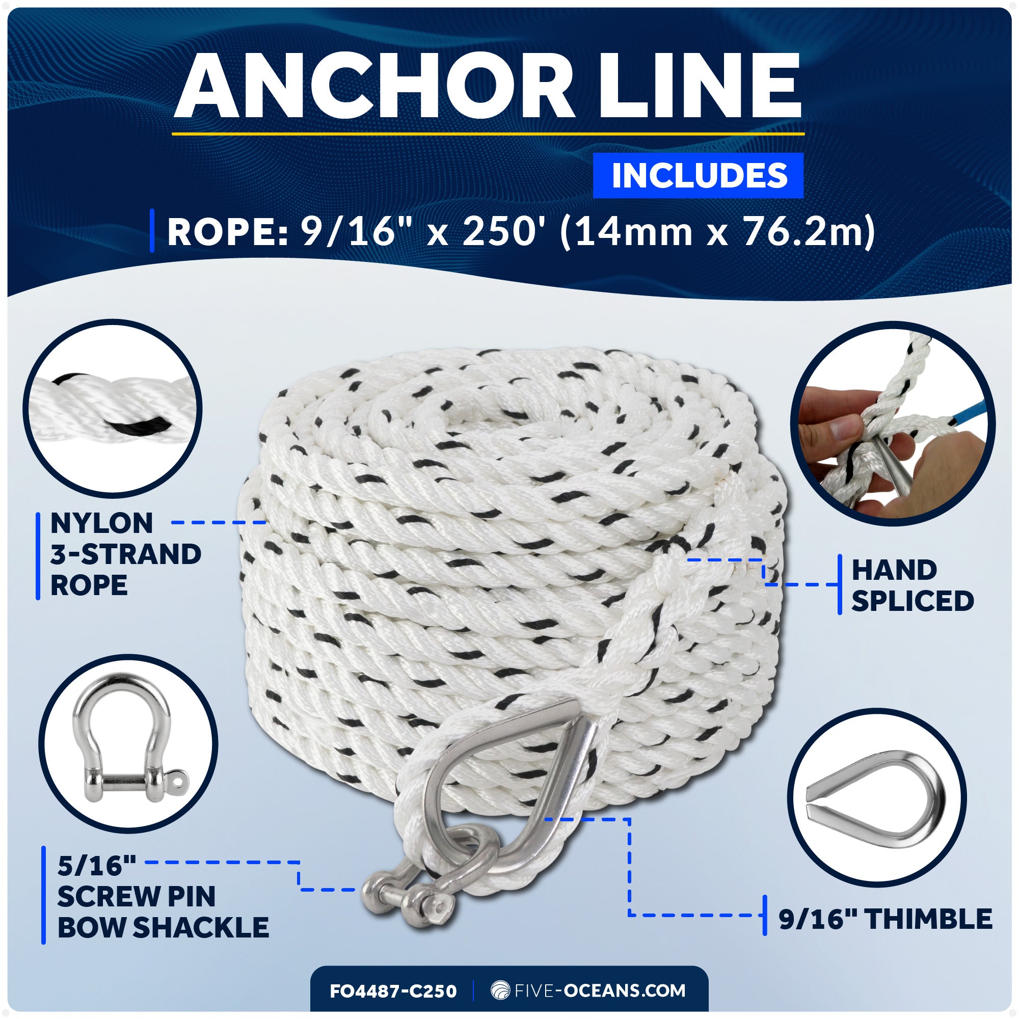 Anchor Line 9/16" x 250', 3-Strand Nylon, Spliced - FO4487-C250 - Five Oceans