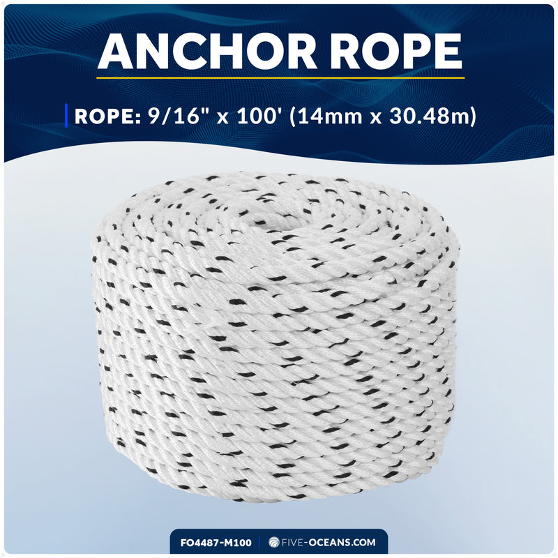 9/16" x 100' Premium 3-Strand Nylon Rope Line, White with Black Tracer - FO4487-M100 - Five Oceans