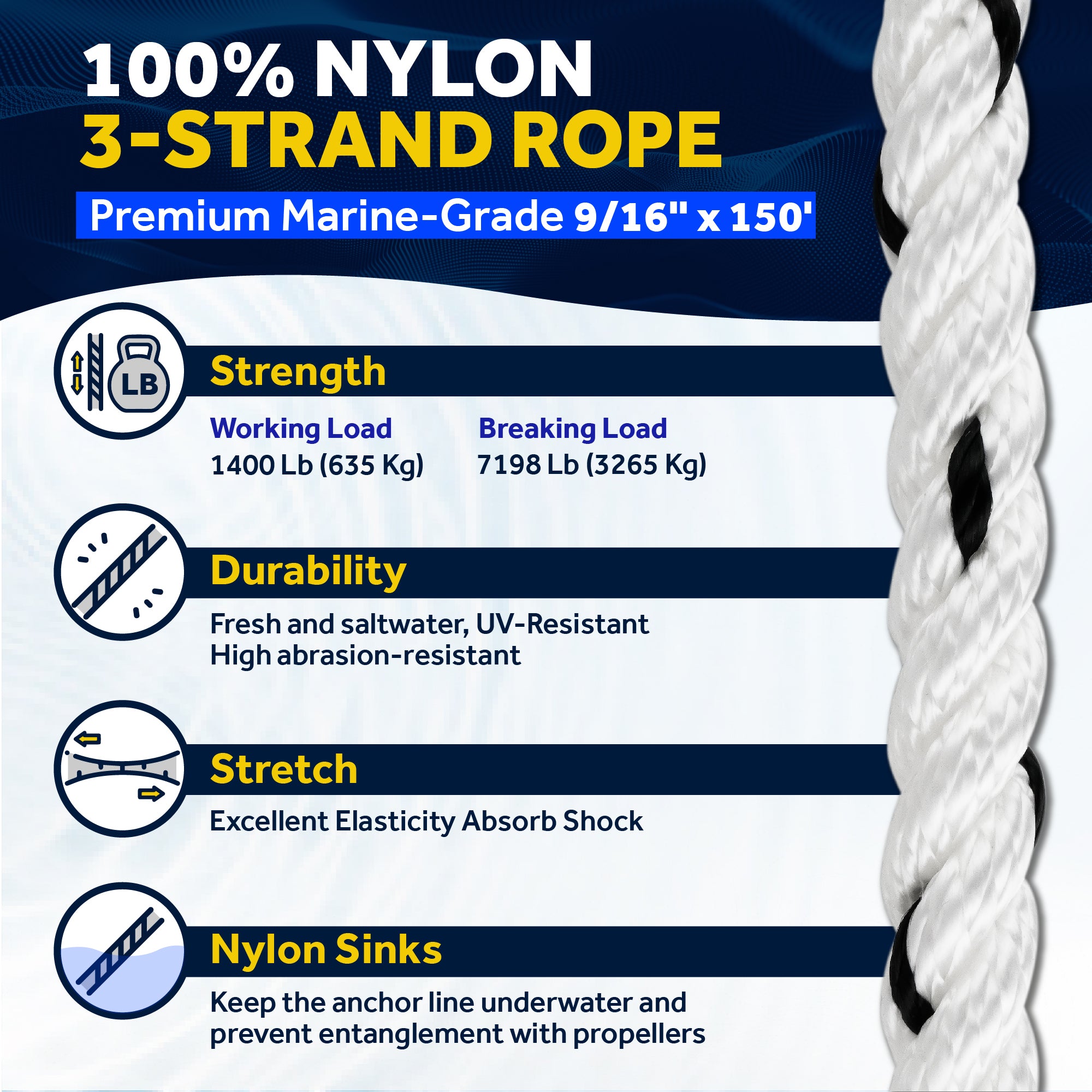 Boat Anchor Rope 9/16" x 150', 3-Strand Nylon - FO4487-M150 - Five Oceans