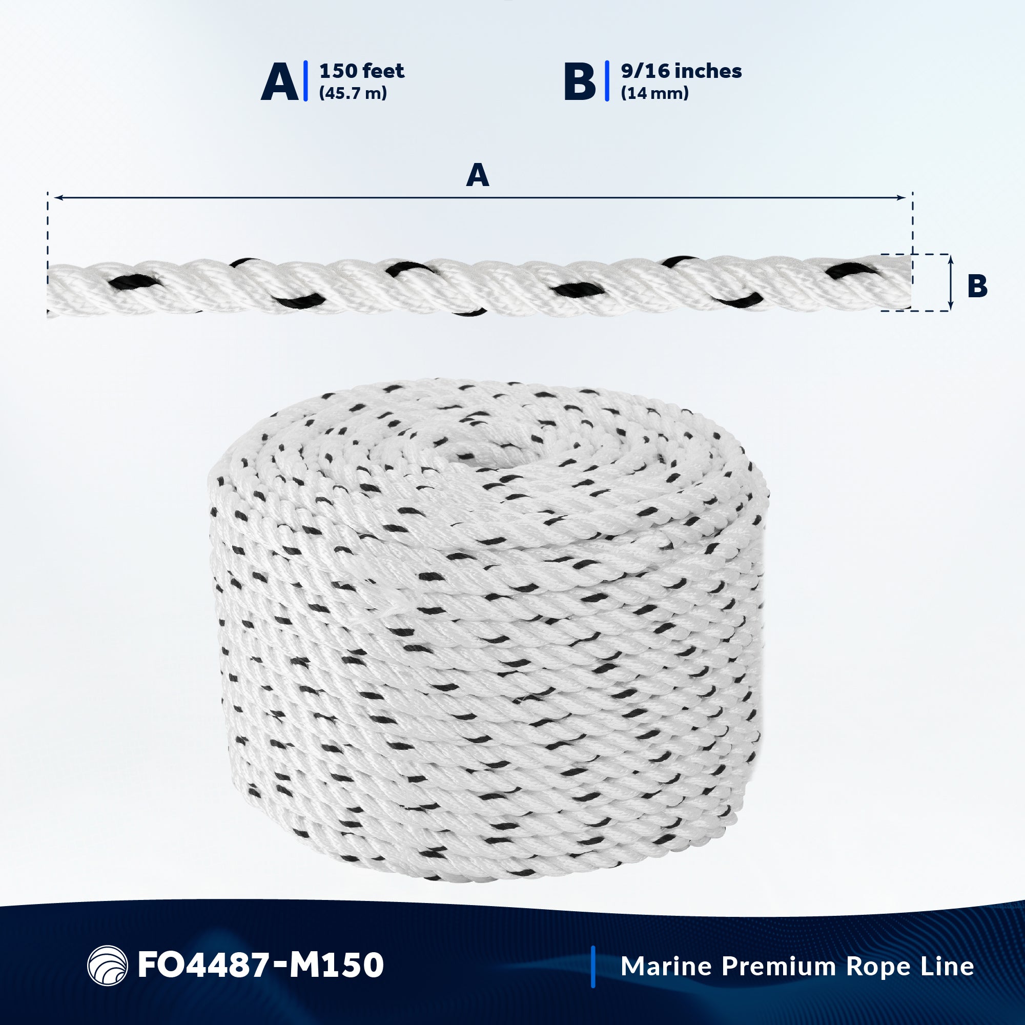 Boat Anchor Rope 9/16" x 150', 3-Strand Nylon - FO4487-M150 - Five Oceans