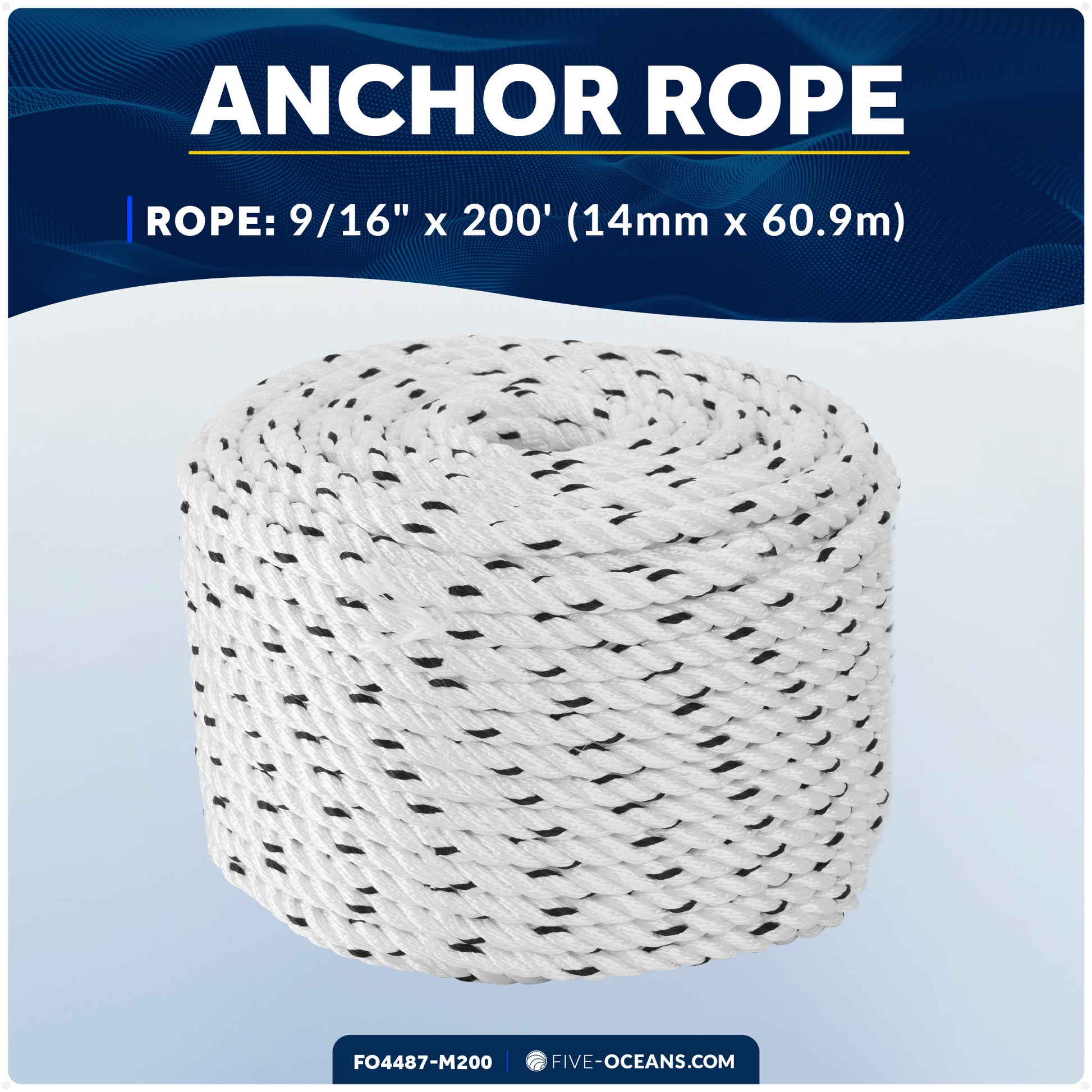 Boat Anchor Rope 9/16" x 200', 3-Strand Nylon - FO4487-M200 - Five Oceans