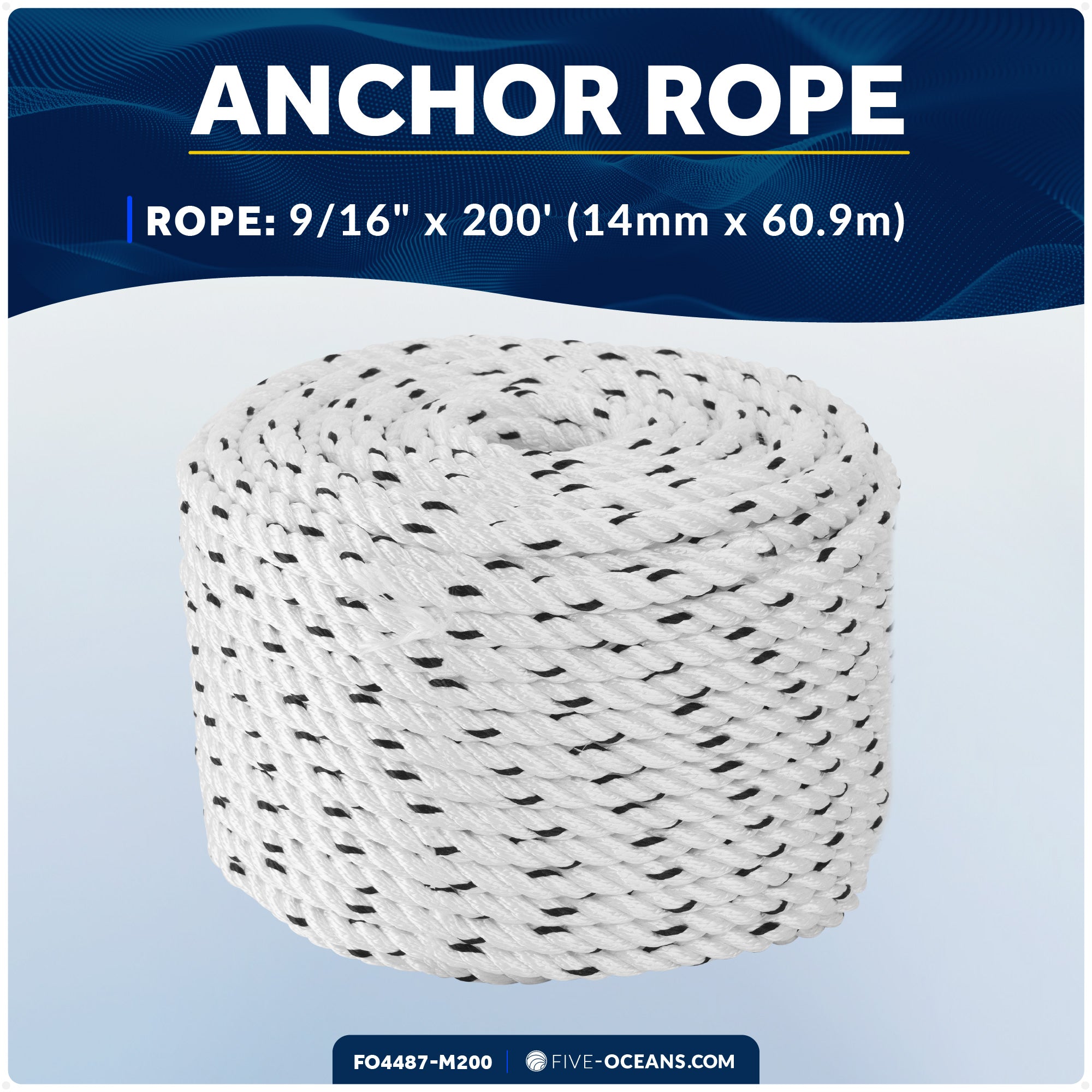 Boat Anchor Rope 9/16" x 200', 3-Strand Nylon - FO4487-M200 - Five Oceans