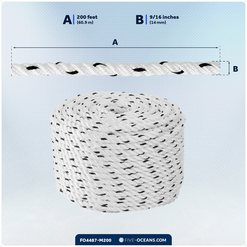 9/16" x 200' Premium 3-Strand Nylon Rope Line, White with Black Tracer - FO4487-M200 - Five Oceans