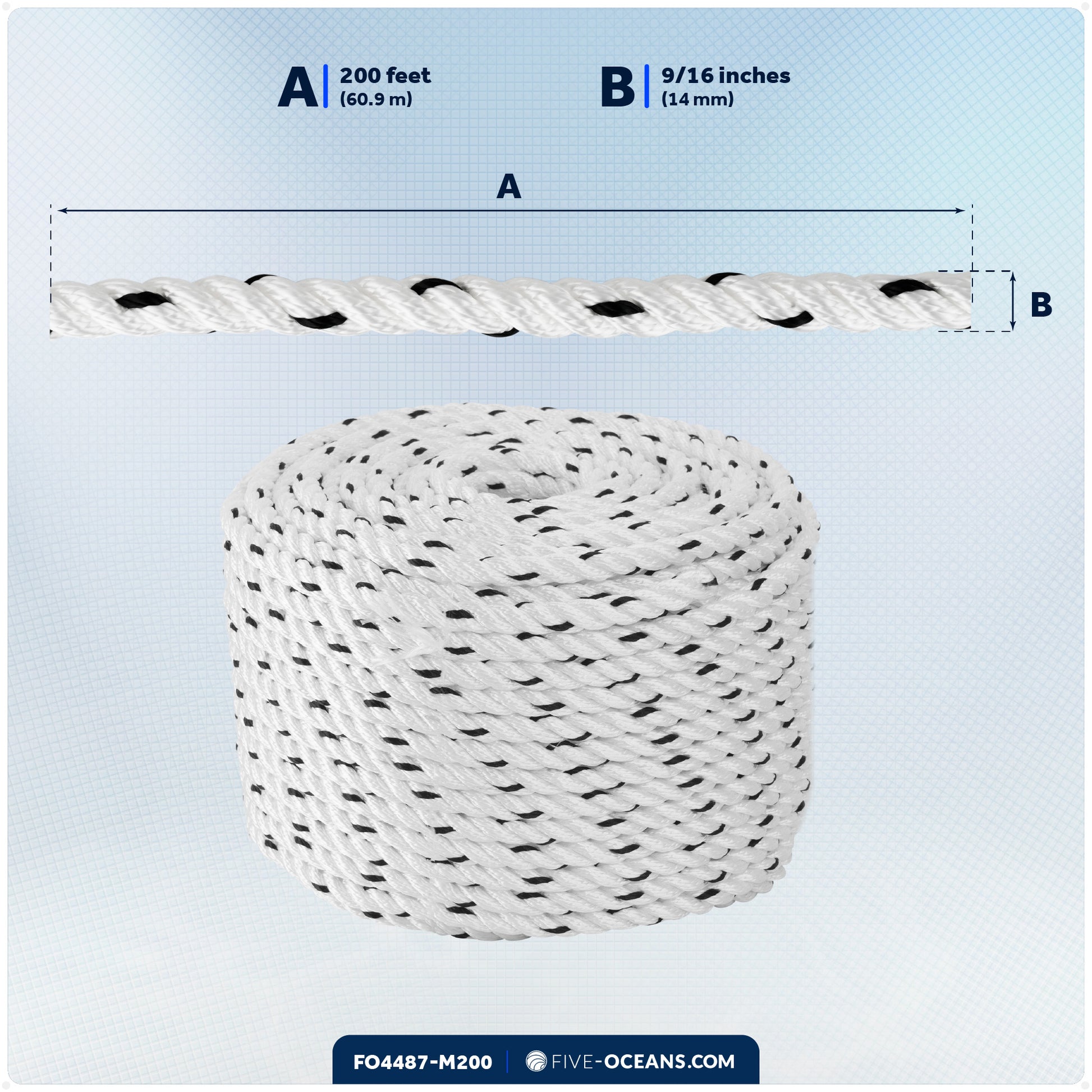 Boat Anchor Rope 9/16" x 200', 3-Strand Nylon - FO4487-M200 - Five Oceans
