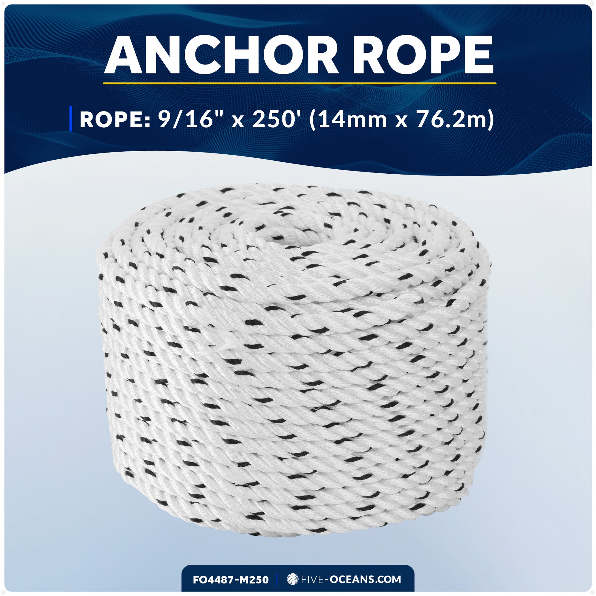 9/16" x 250' Premium 3-Strand Nylon Rope Line, White with Black Tracer - FO4487-M250 - Five Oceans