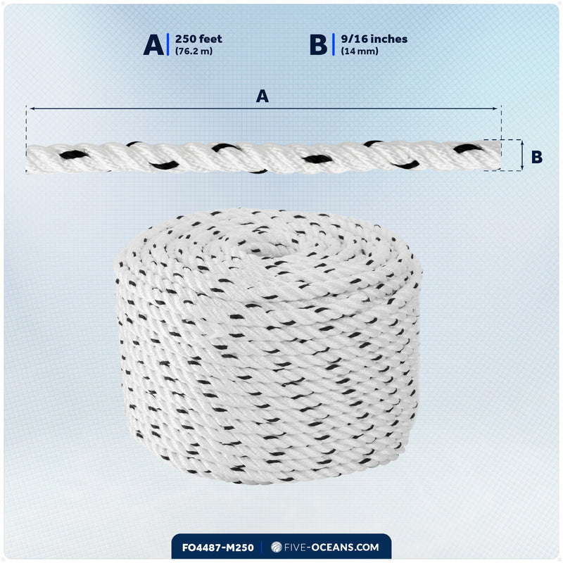 9/16" x 250' Premium 3-Strand Nylon Rope Line, White with Black Tracer - FO4487-M250 - Five Oceans