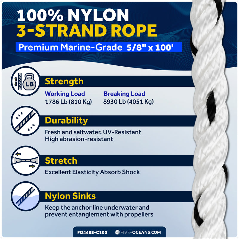 5/8" x 100' Premium 3-Strand Nylon Anchor Line - FO4488-C100 - Five Oceans