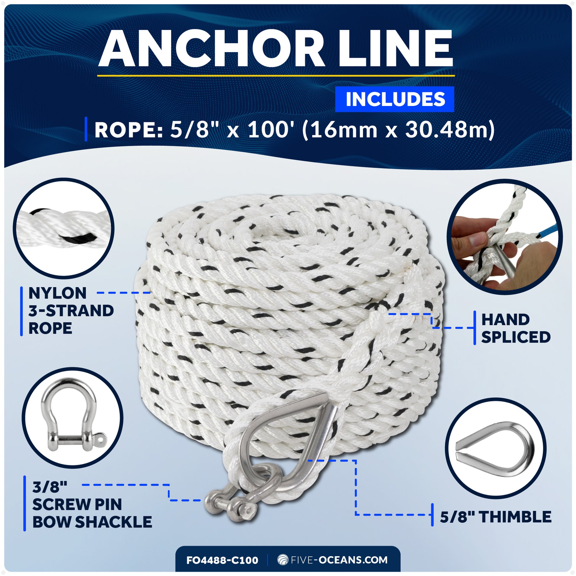 Anchor Line 5/8" x 100', 3-Strand Nylon, Spliced - FO4488-C100 - Five Oceans