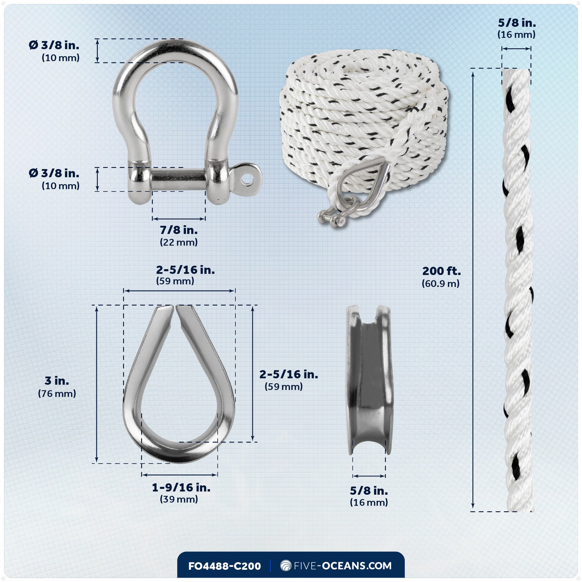 Anchor Line 5/8" x 200', 3-Strand Nylon, Spliced - FO4488-C200 - Five Oceans