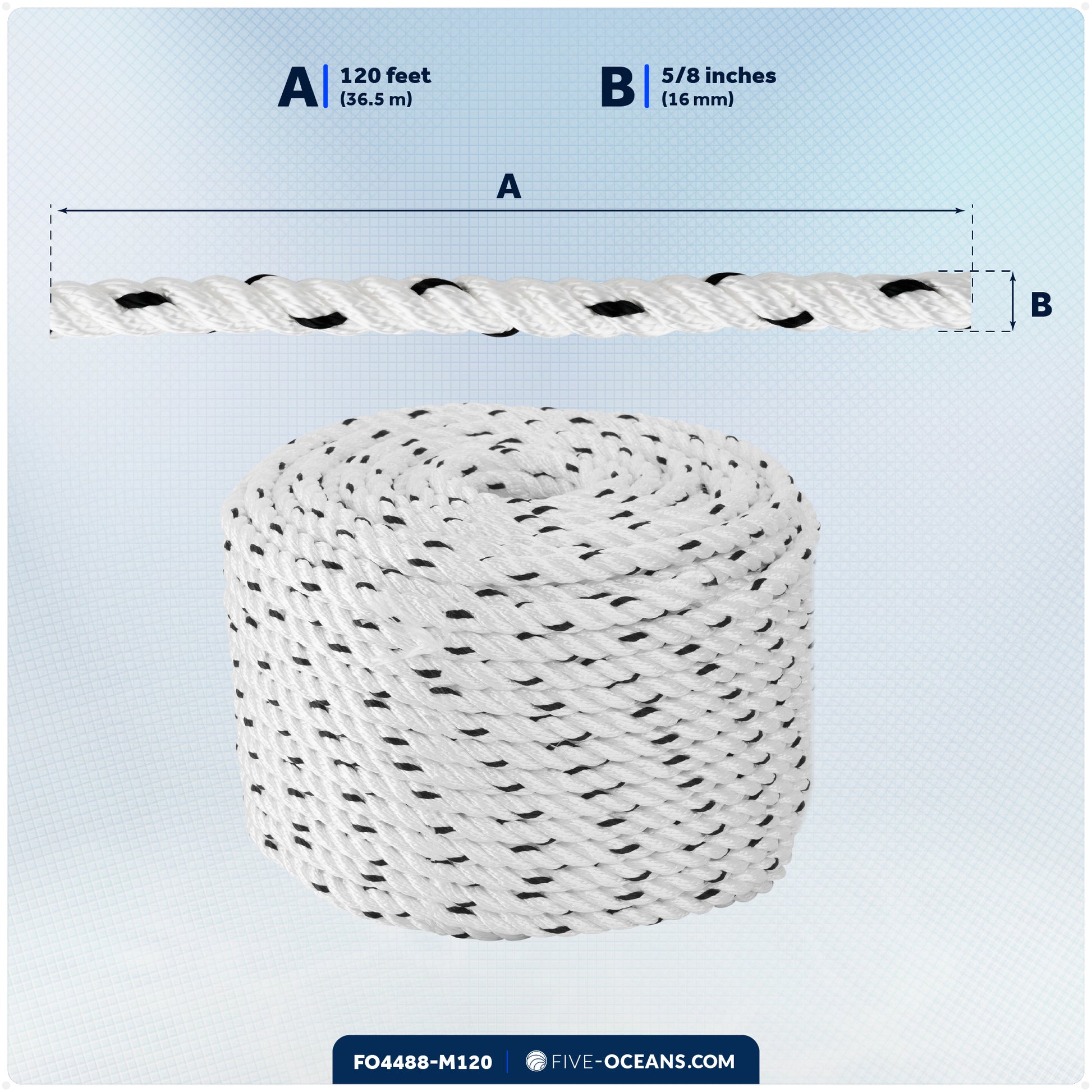 5/8" x 120' Premium 3-Strand Nylon Rope Line, White with Black Tracer - FO4488-M120 - Five Oceans