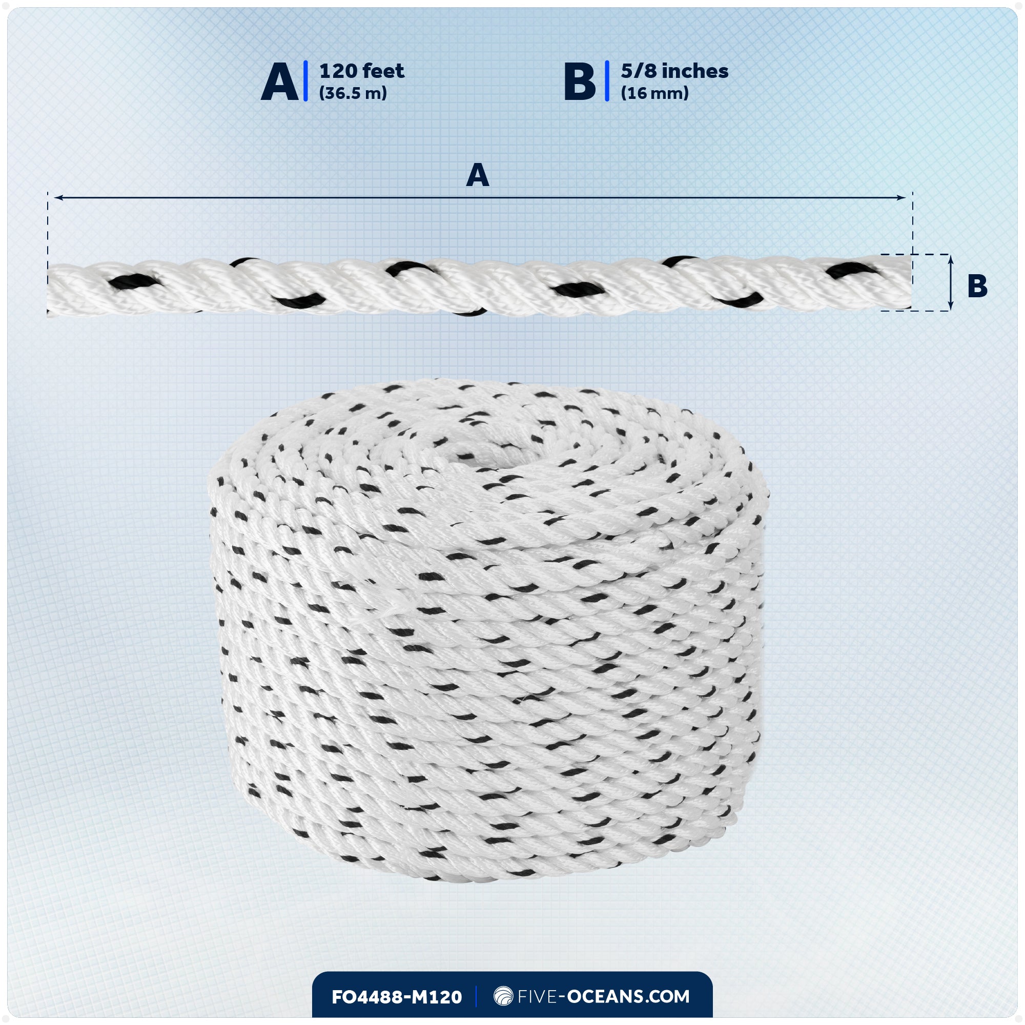 5/8" x 120' Premium 3-Strand Nylon Rope Line, White with Black Tracer - FO4488-M120 - Five Oceans