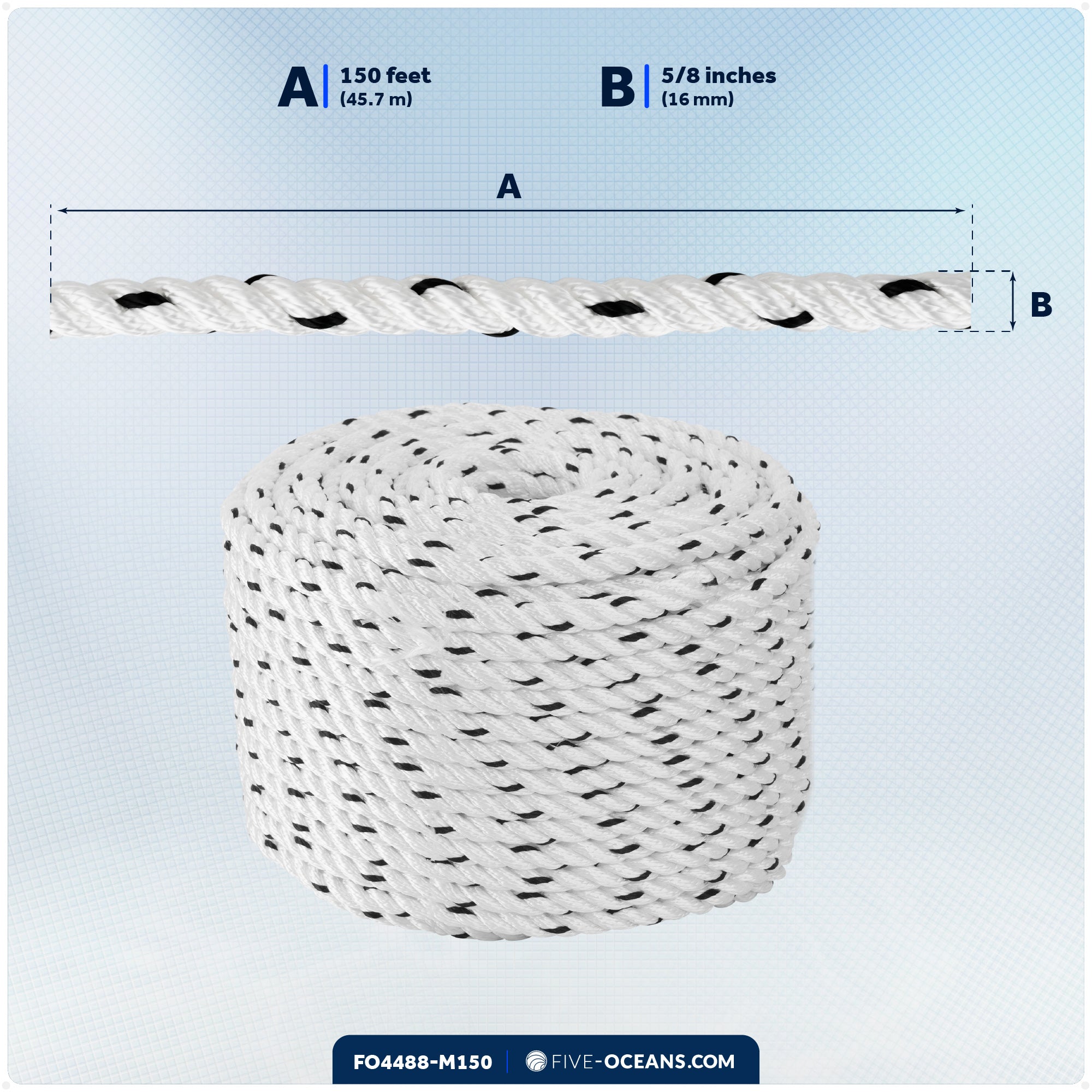 5/8" x 150' Premium 3-Strand Nylon Rope Line, White with Black Tracer - FO4488-M150 - Five Oceans