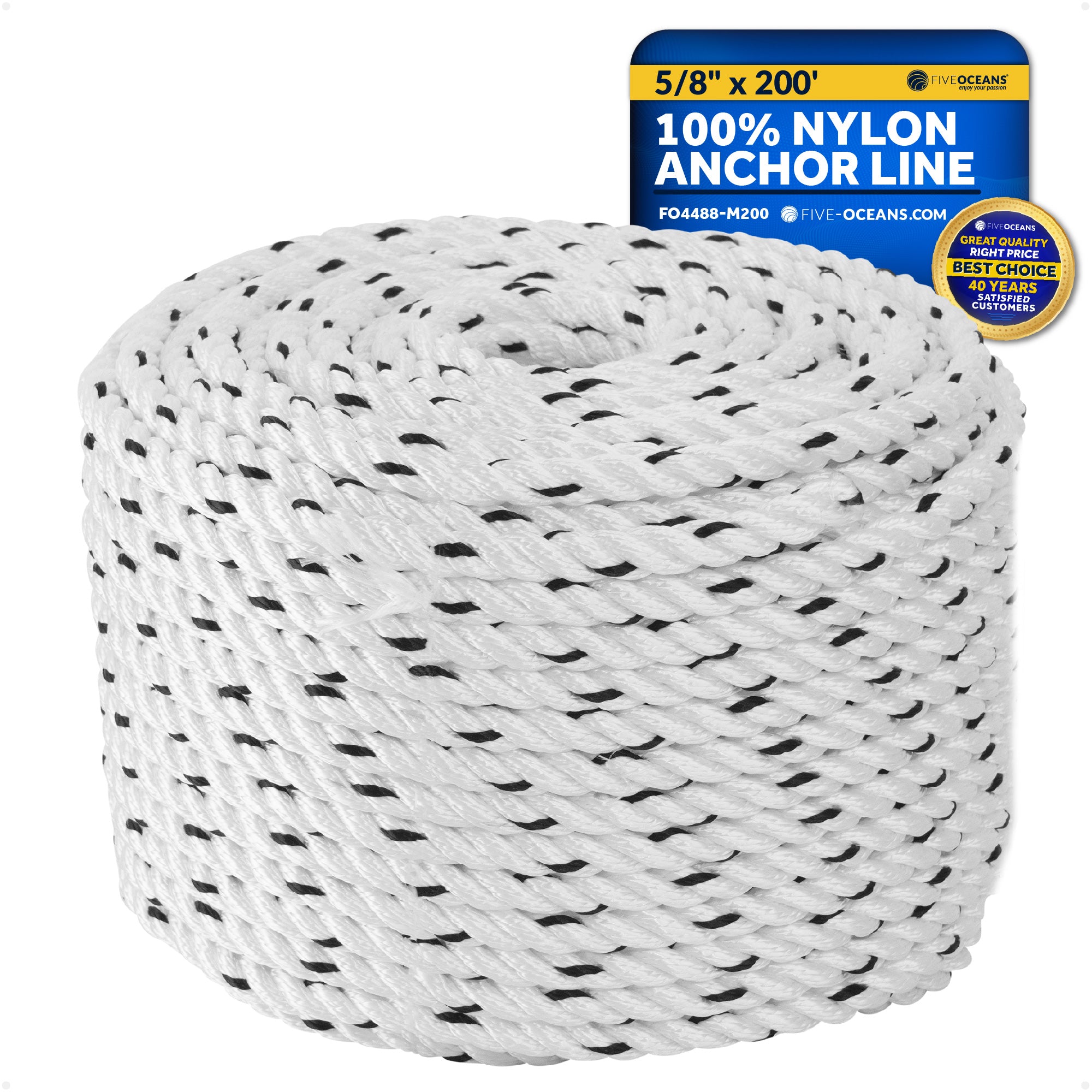 Boat Anchor Rope 5/8" x 200', 3-Strand Nylon - FO4488-M200 - Five Oceans
