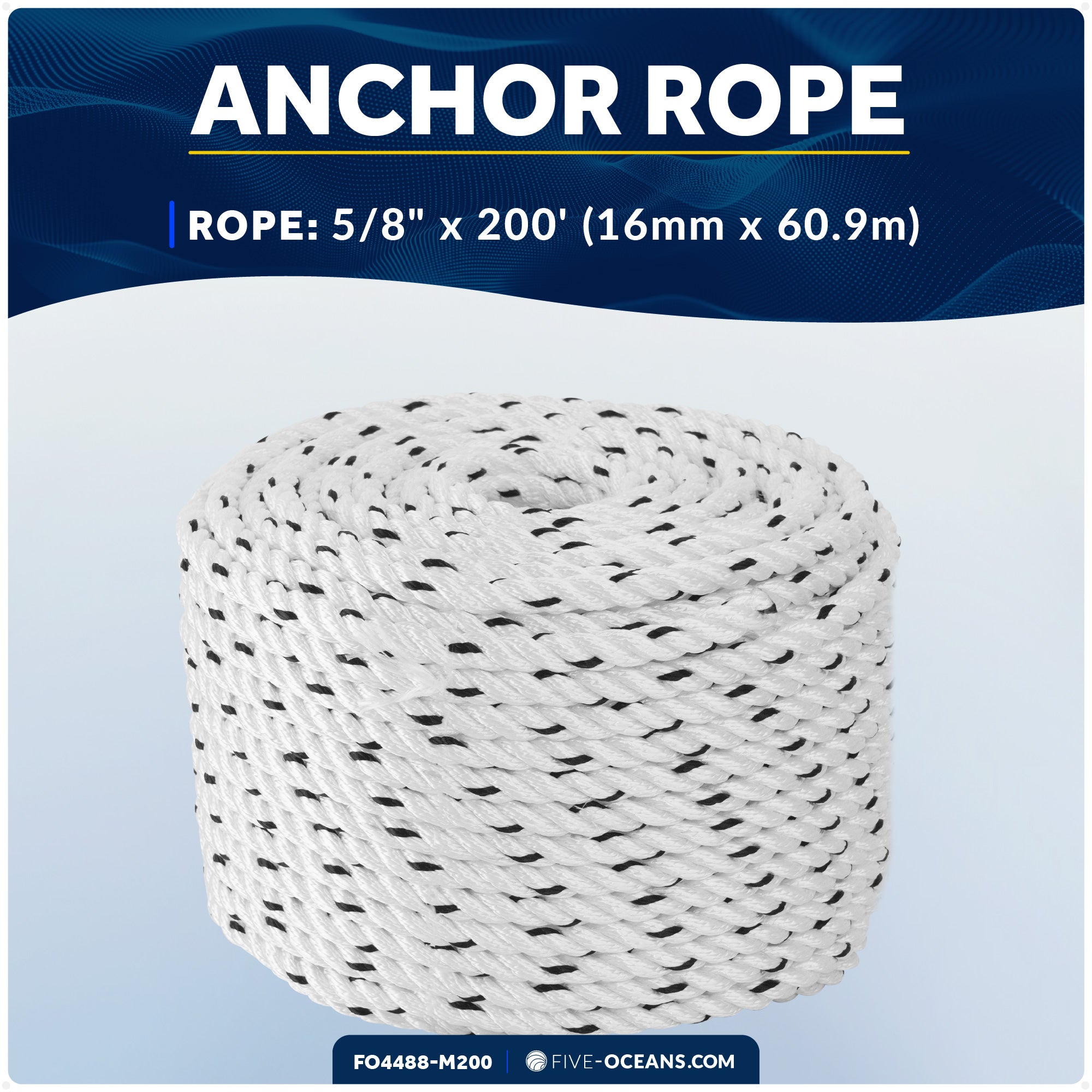 Boat Anchor Rope 5/8" x 200', 3-Strand Nylon - FO4488-M200 - Five Oceans