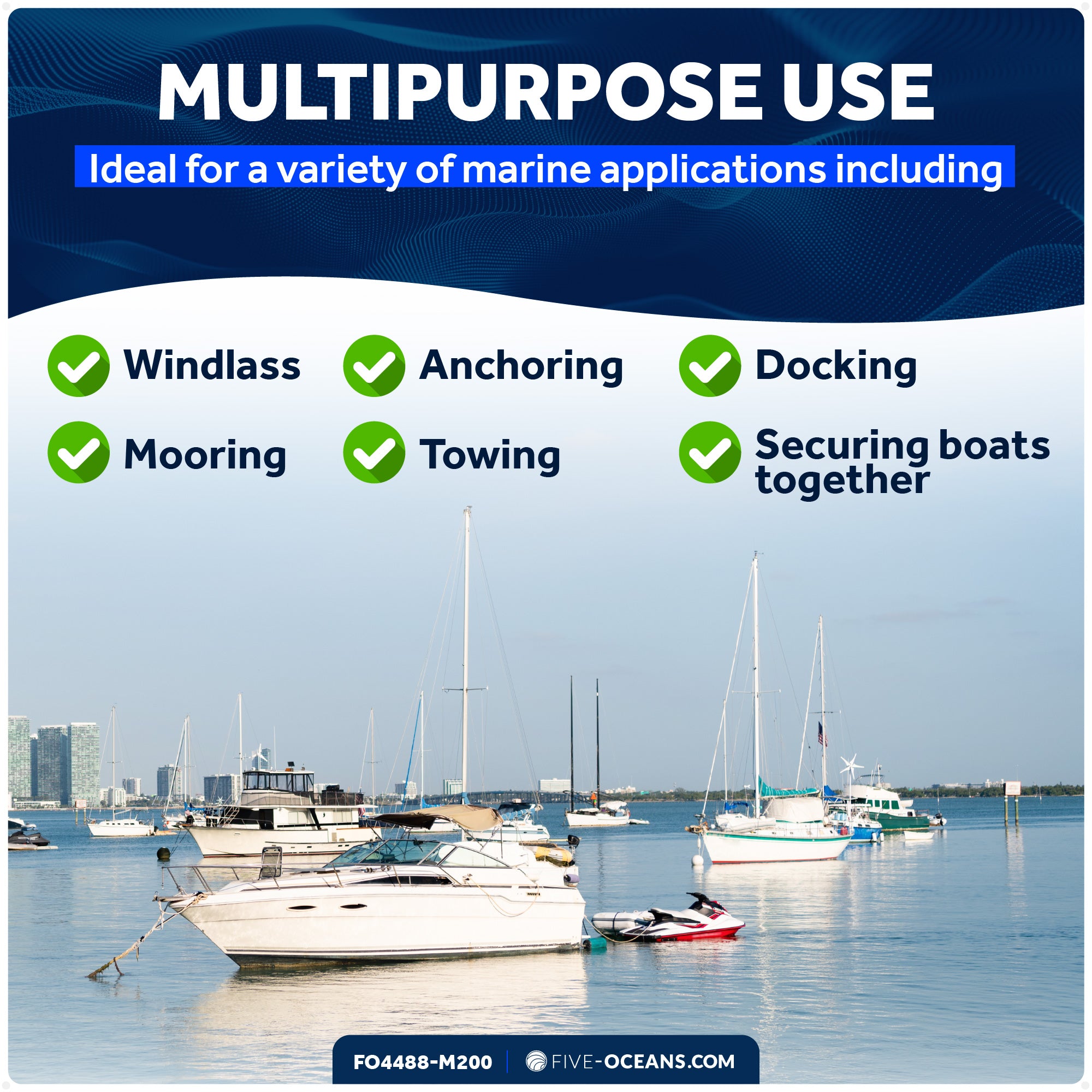 5/8" x 200' Premium 3-Strand Nylon Rope Line, White with Black Tracer - FO4488-M200 - Five Oceans