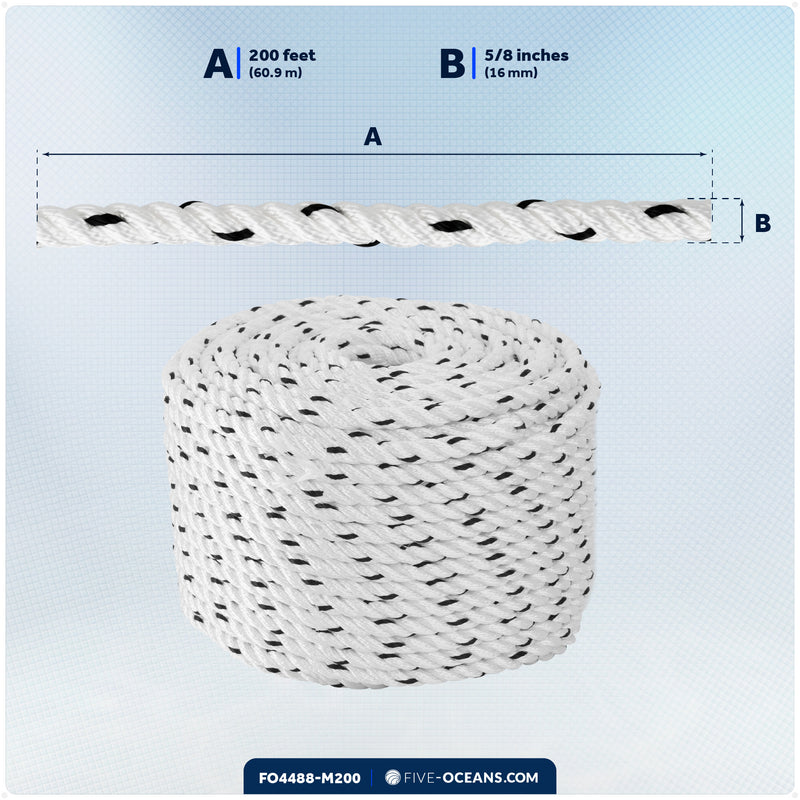 5/8" x 200' Premium 3-Strand Nylon Rope Line, White with Black Tracer - FO4488-M200 - Five Oceans