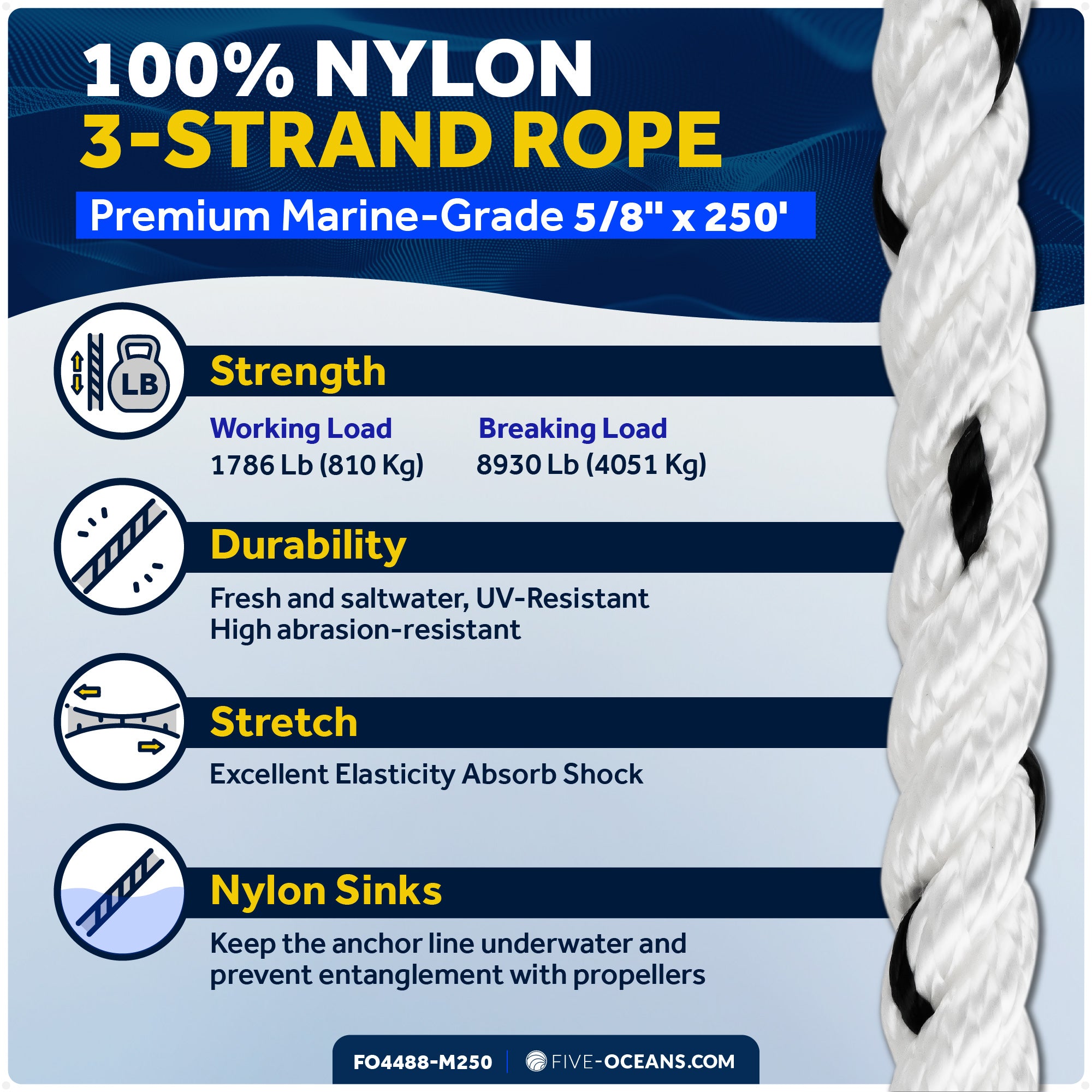 5/8" x 250' Premium 3-Strand Nylon Rope Line, White with Black Tracer - FO4488-M250 - Five Oceans