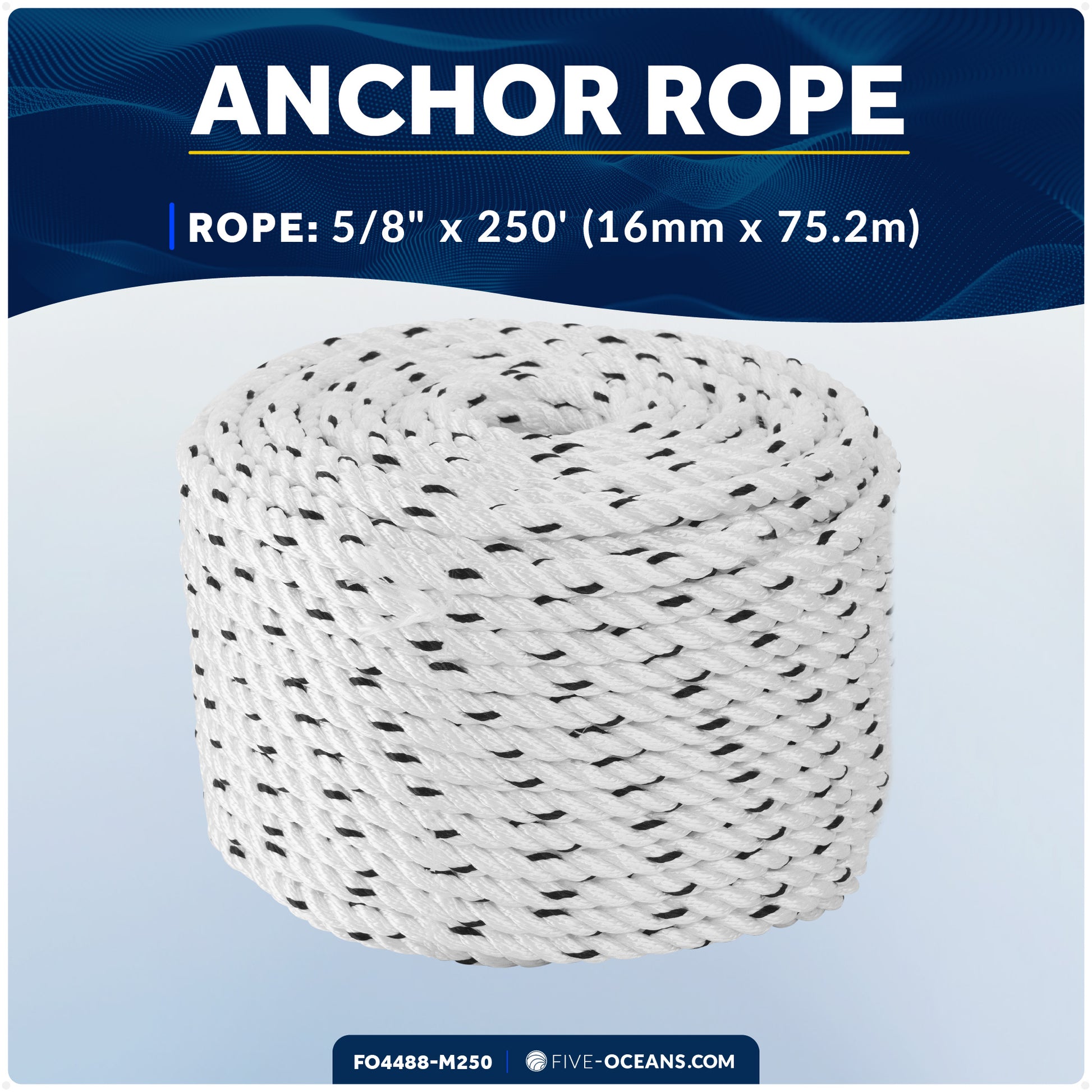 5/8" x 250' Premium 3-Strand Nylon Rope Line, White with Black Tracer - FO4488-M250 - Five Oceans
