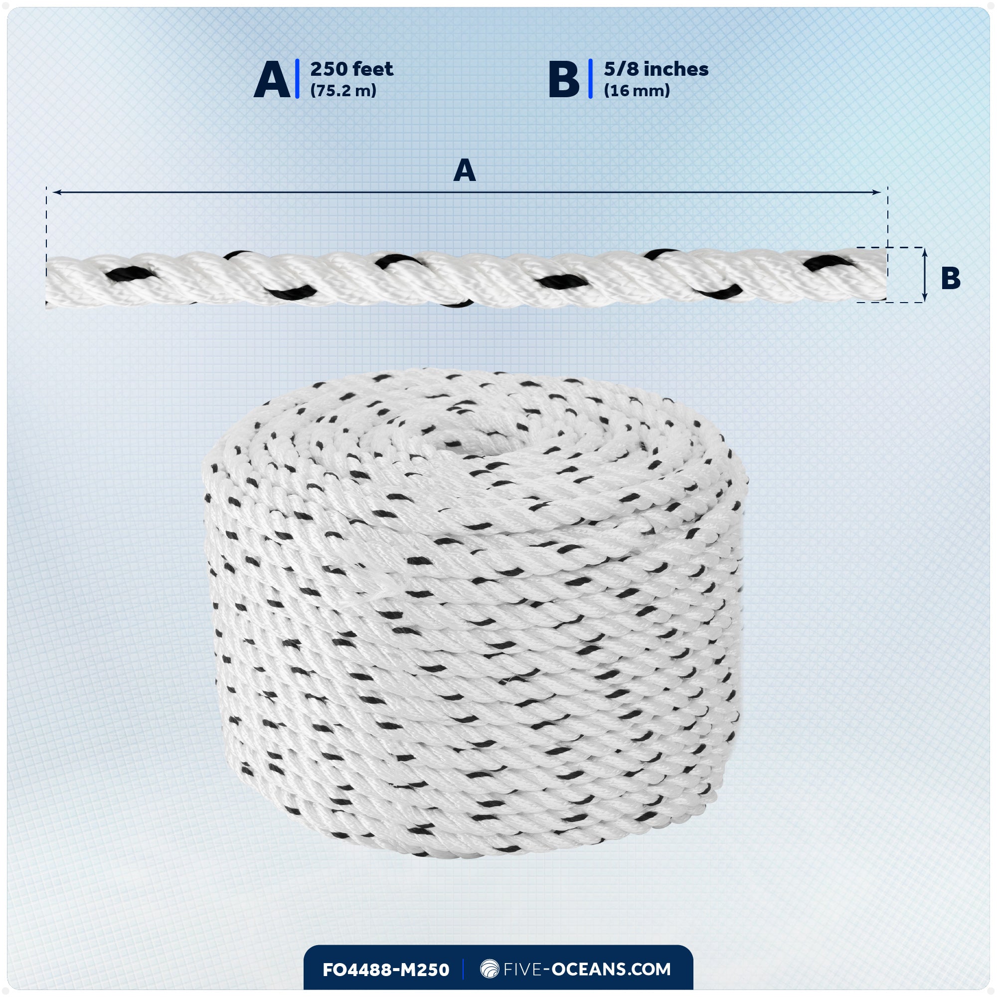 5/8" x 250' Premium 3-Strand Nylon Rope Line, White with Black Tracer - FO4488-M250 - Five Oceans