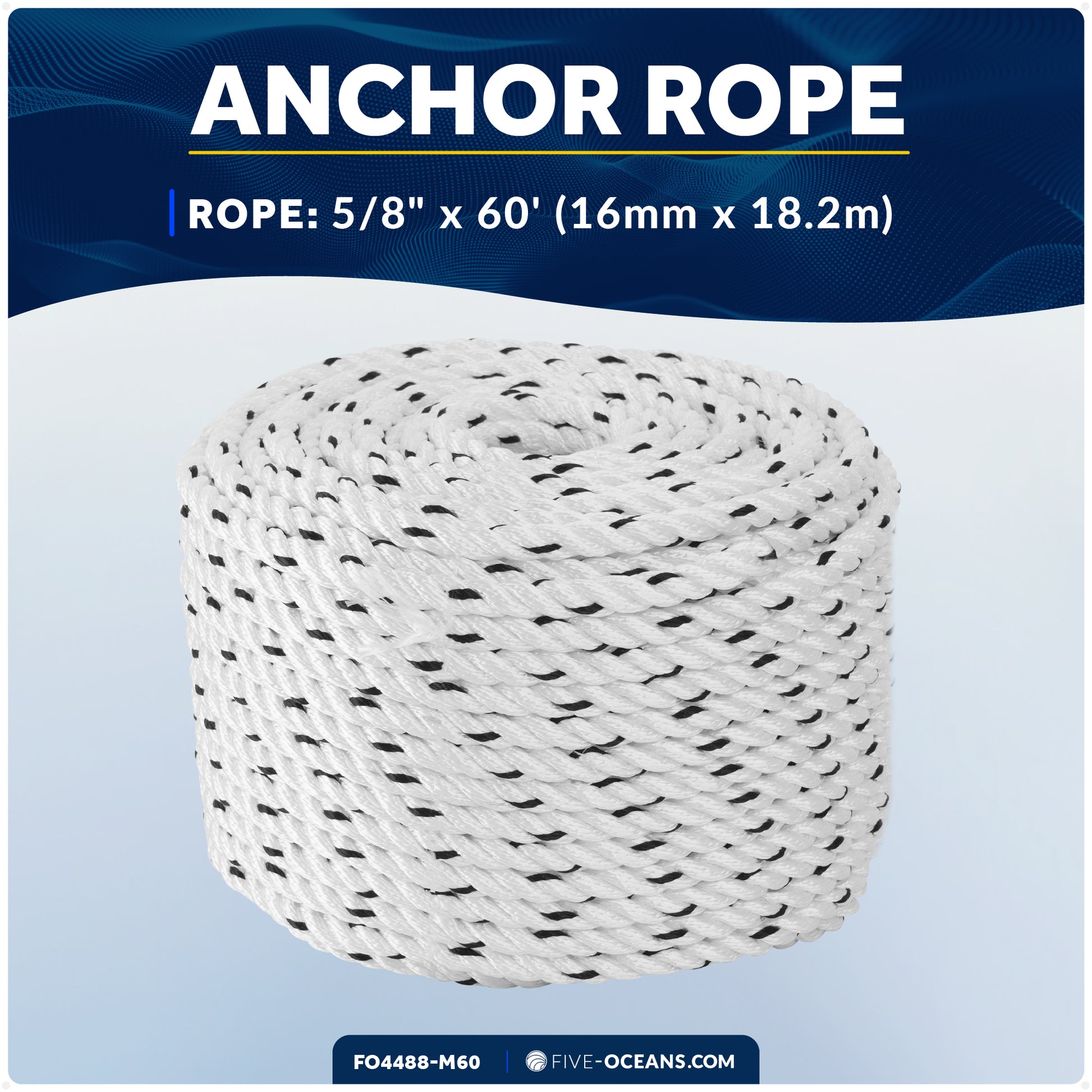 5/8" x 60' Premium 3-Strand Nylon Rope Line, White with Black Tracer - FO4488-M60 - Five Oceans