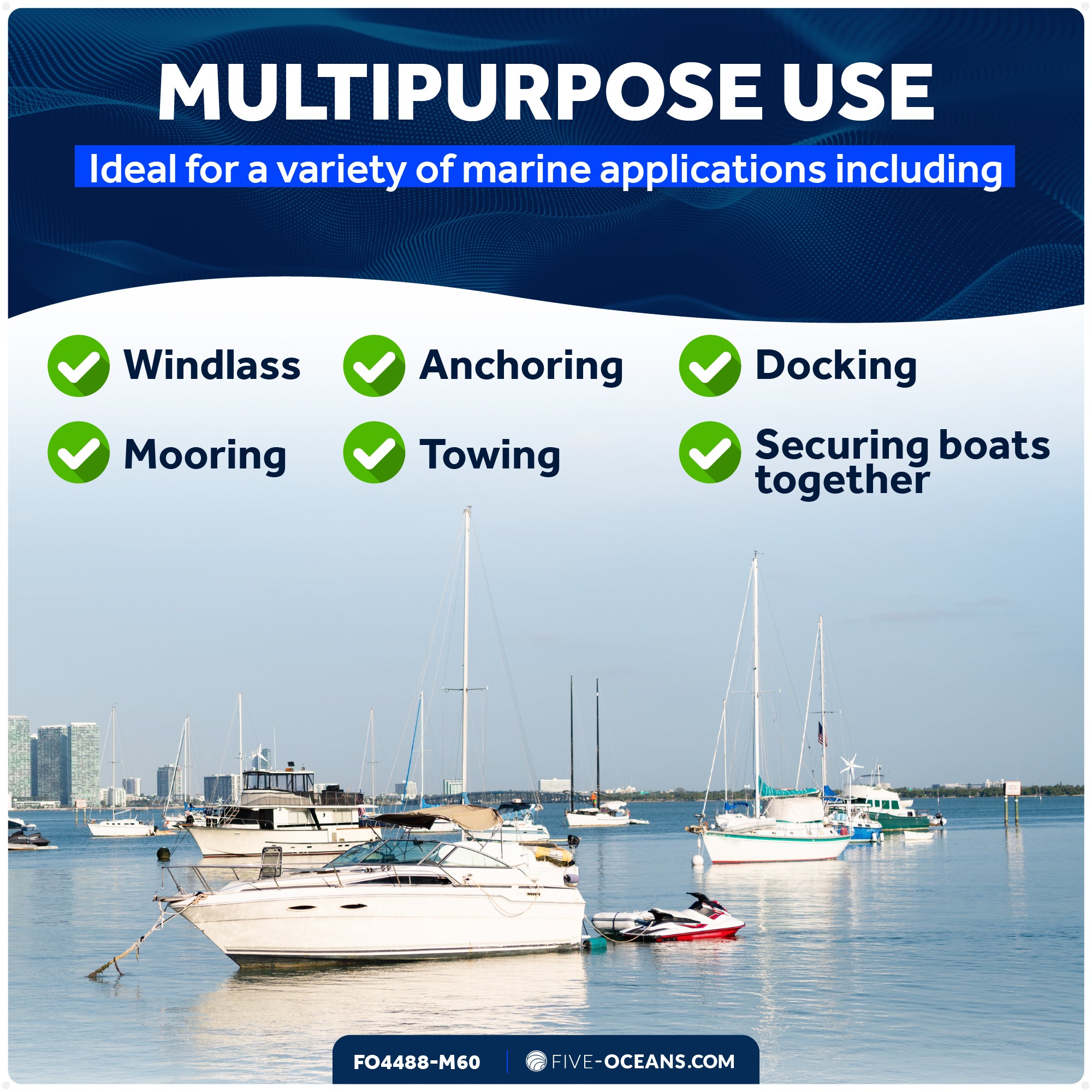 5/8" x 60' Premium 3-Strand Nylon Rope Line, White with Black Tracer - FO4488-M60 - Five Oceans