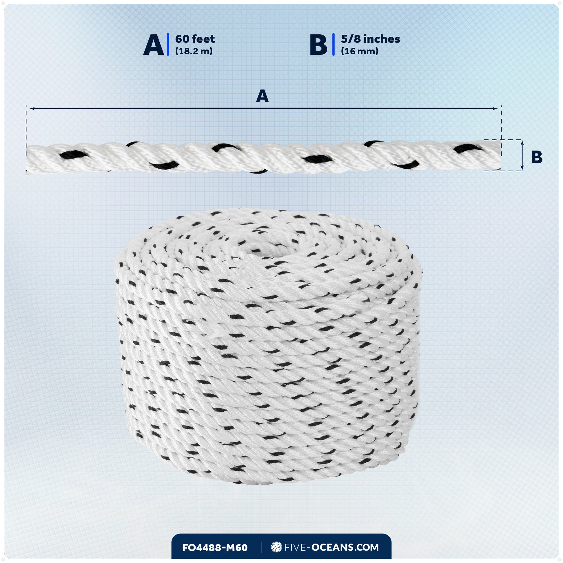 5/8" x 60' Premium 3-Strand Nylon Rope Line, White with Black Tracer - FO4488-M60 - Five Oceans