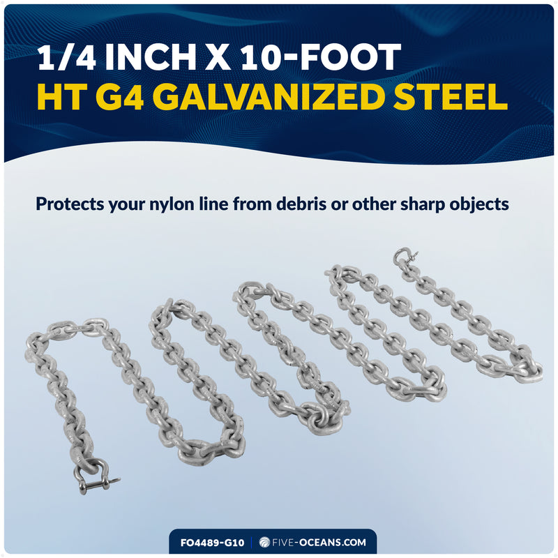 Anchor Chain 1/4" x 10' with 2 Shackles, HT G4 Galvanized Steel – FO4489-G10 - Five Oceans
