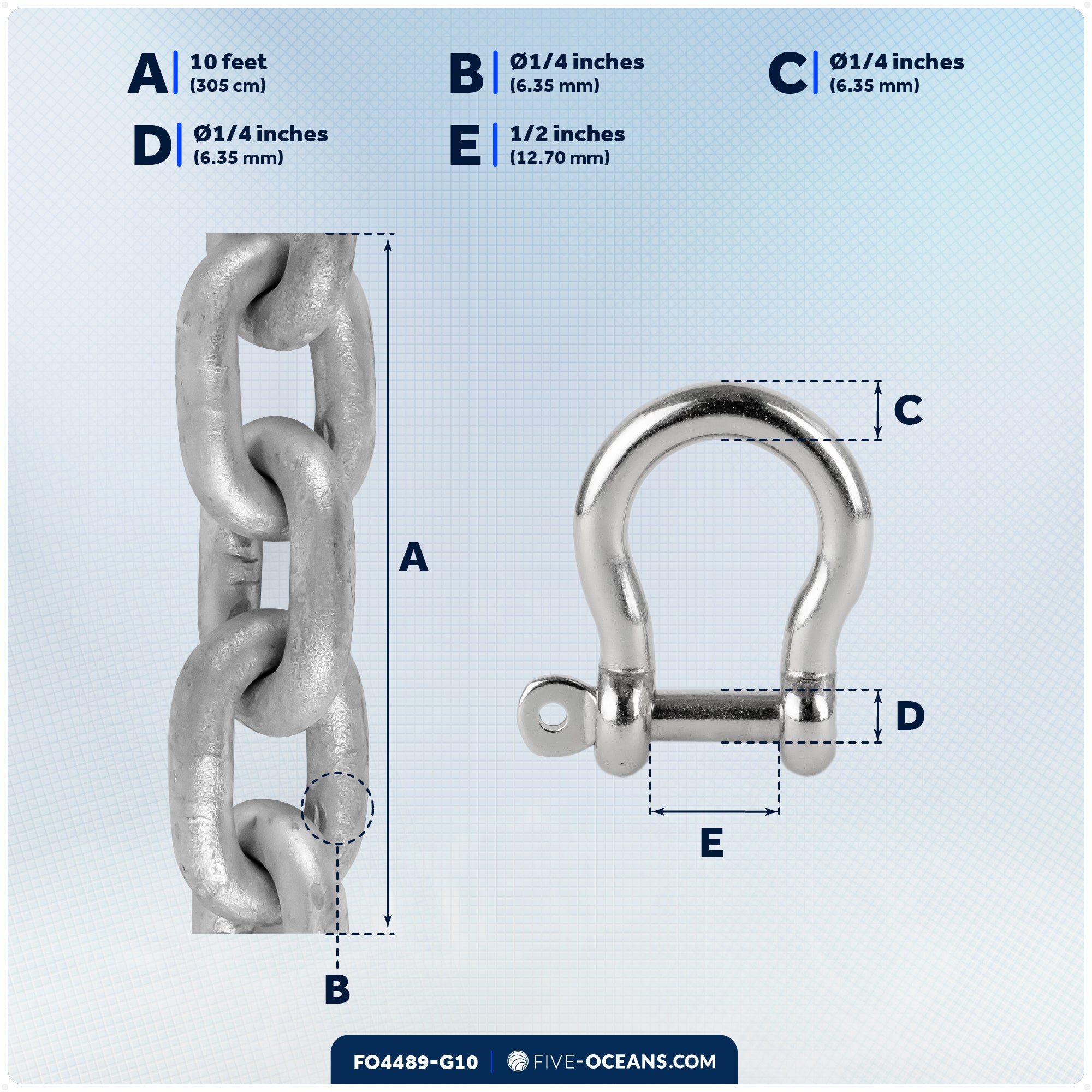 Anchor Chain 1/4" x 10' with 2 Shackles, HT G4 Galvanized Steel – FO4489-G10